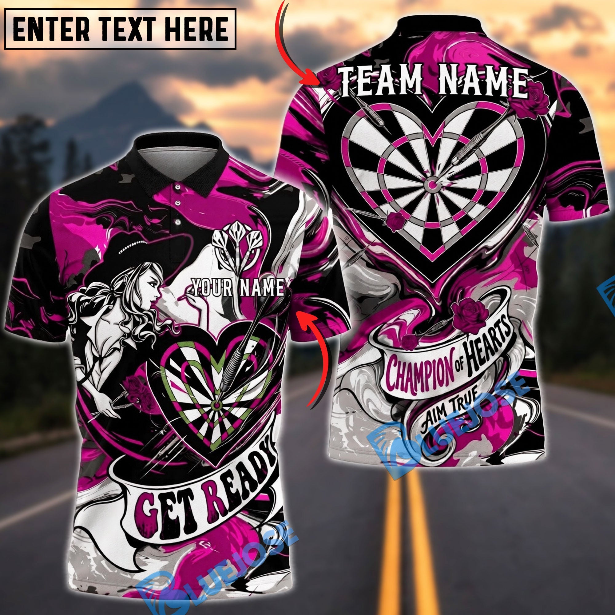 BlueJose Darts Lady Champion of Hearts Personalized Name, Team Name Unisex Shirt (4 Colors)