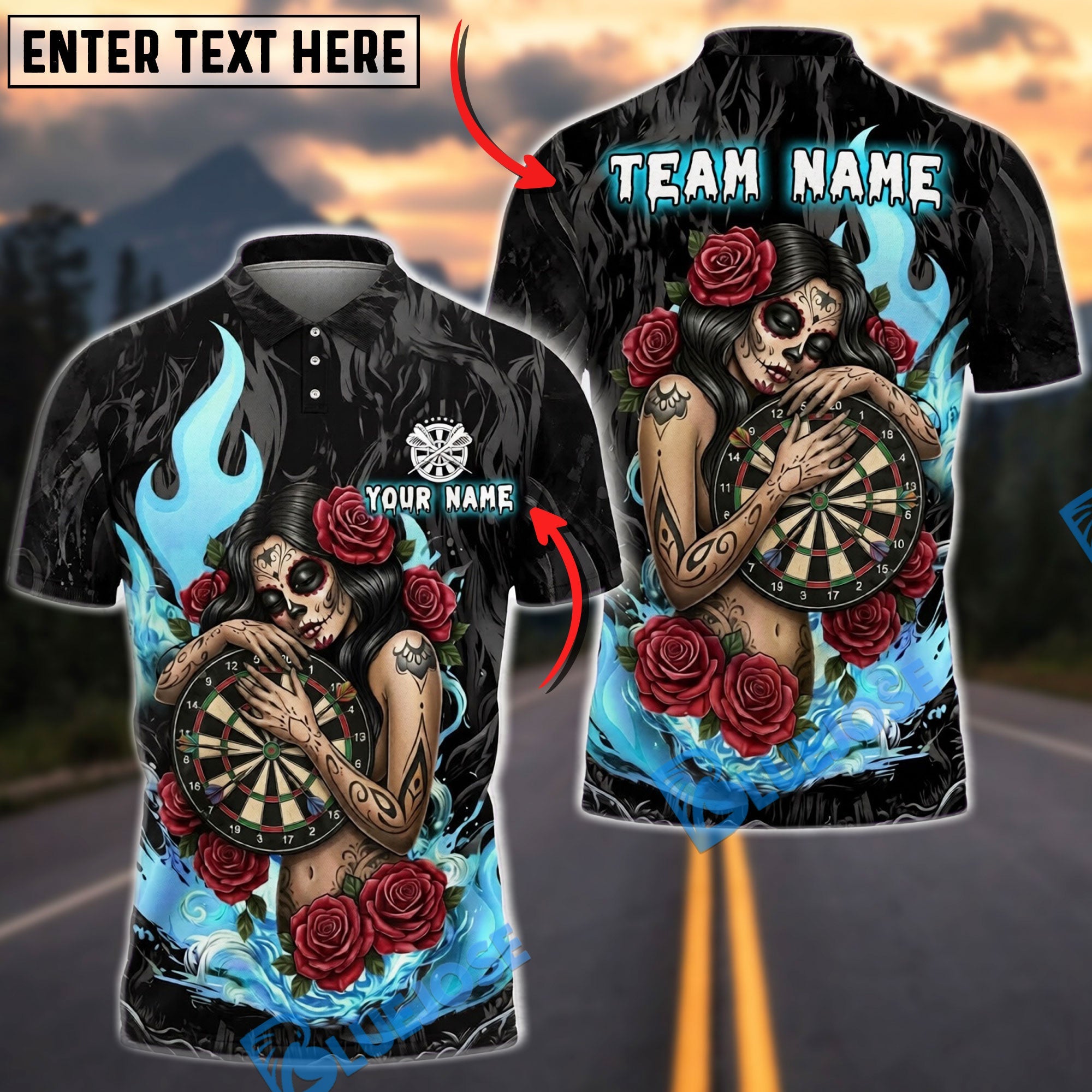 BlueJose Darts Sugar Skull Rose Gothic Flame Personalized Name, Team Name Unisex Shirt (4 Colors)