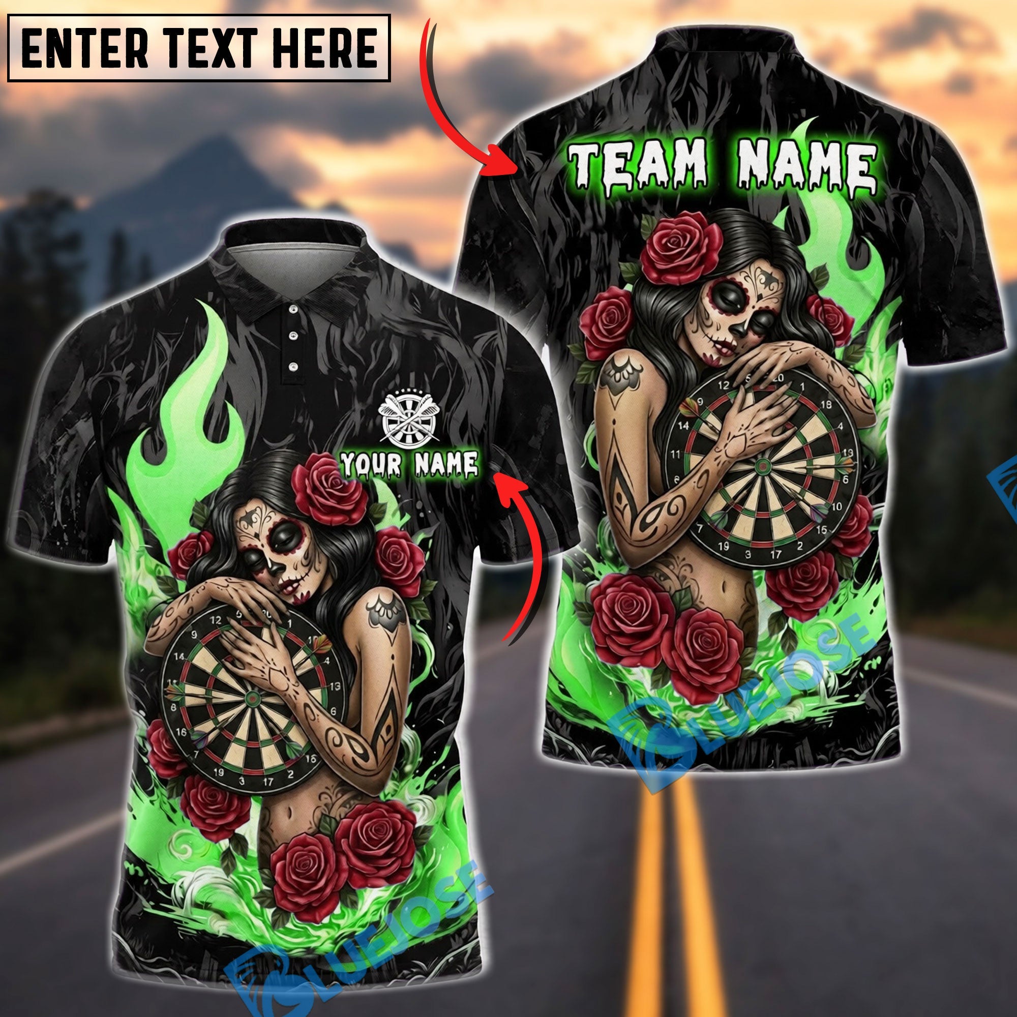 BlueJose Darts Sugar Skull Rose Gothic Flame Personalized Name, Team Name Unisex Shirt (4 Colors)