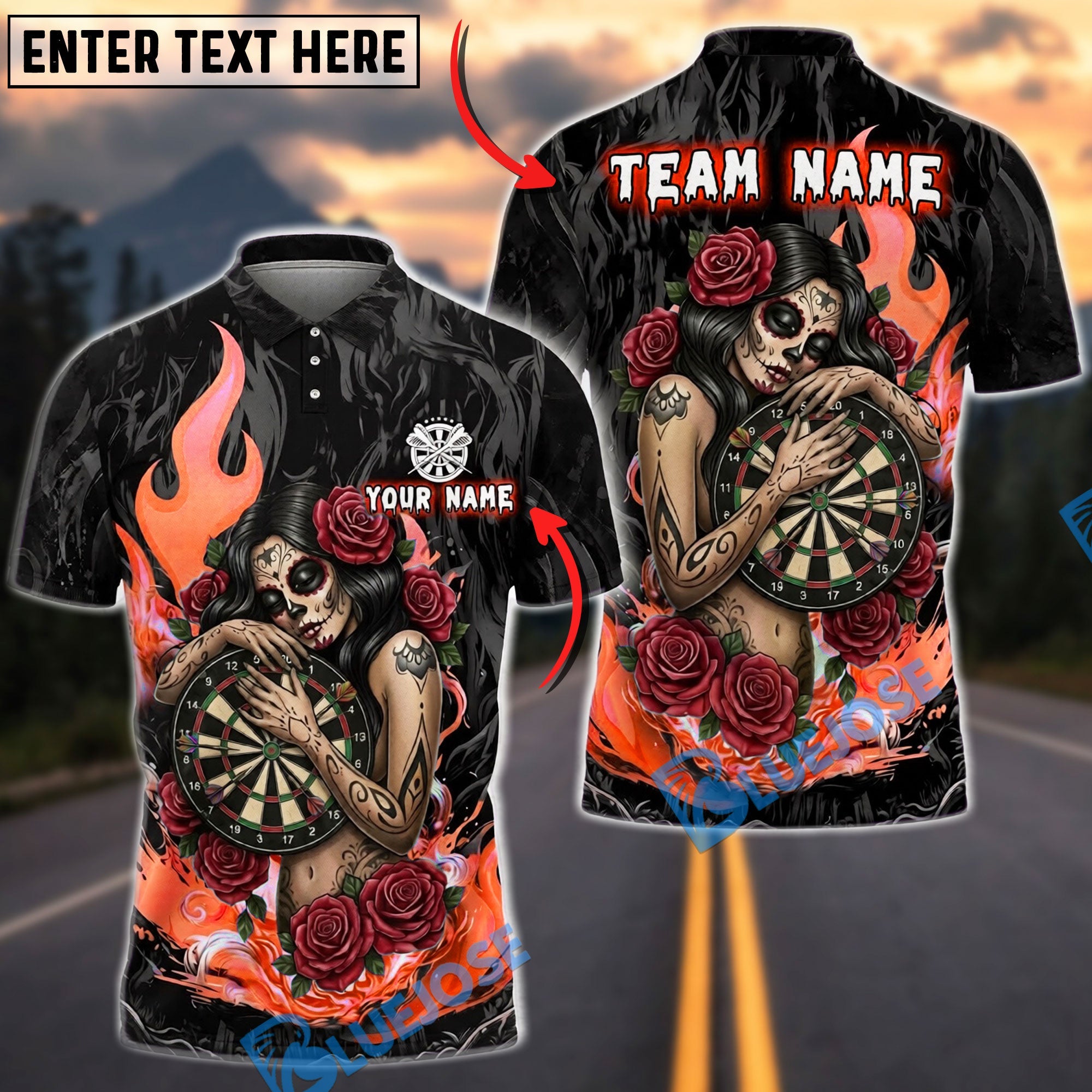 BlueJose Darts Sugar Skull Rose Gothic Flame Personalized Name, Team Name Unisex Shirt (4 Colors)