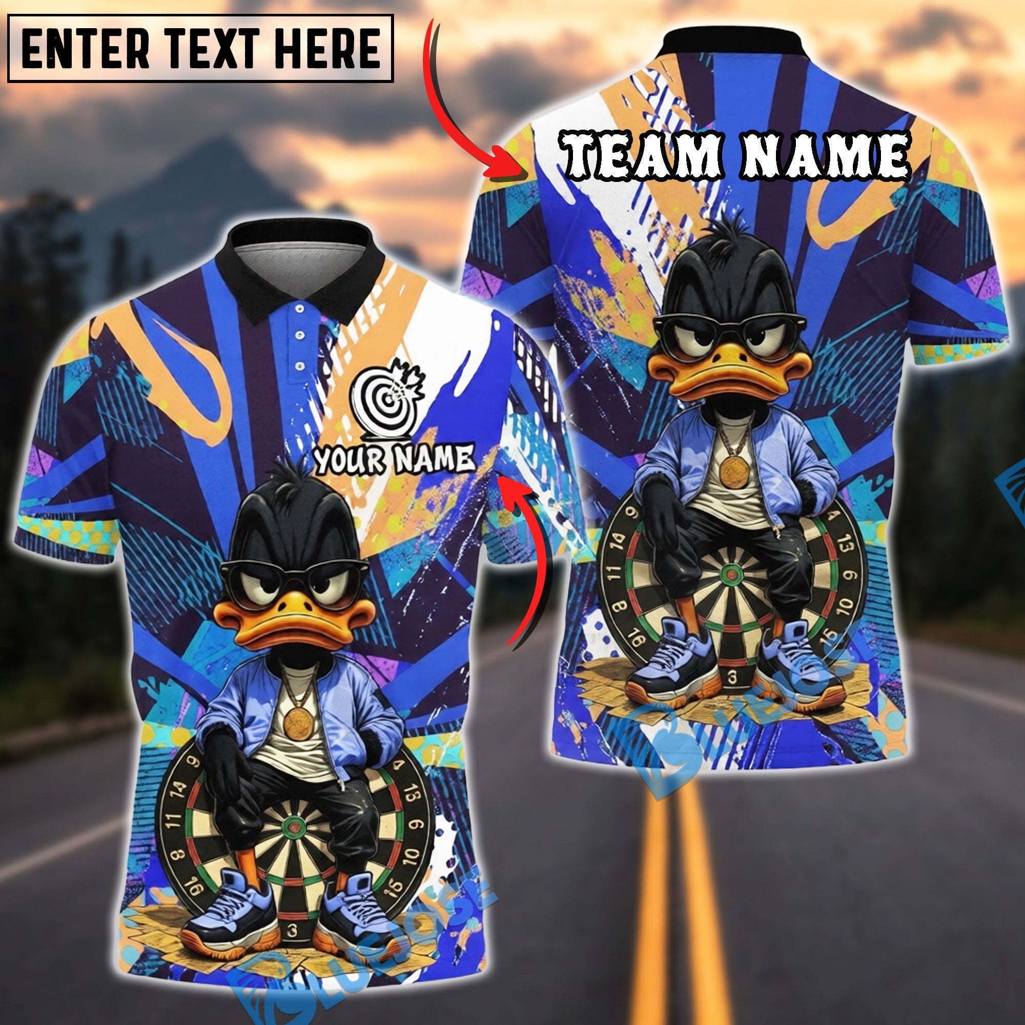 BlueJose Darts Duck Streetwear Graffiti Personalized Name, Team Name Unisex Shirt (4 Colors)
