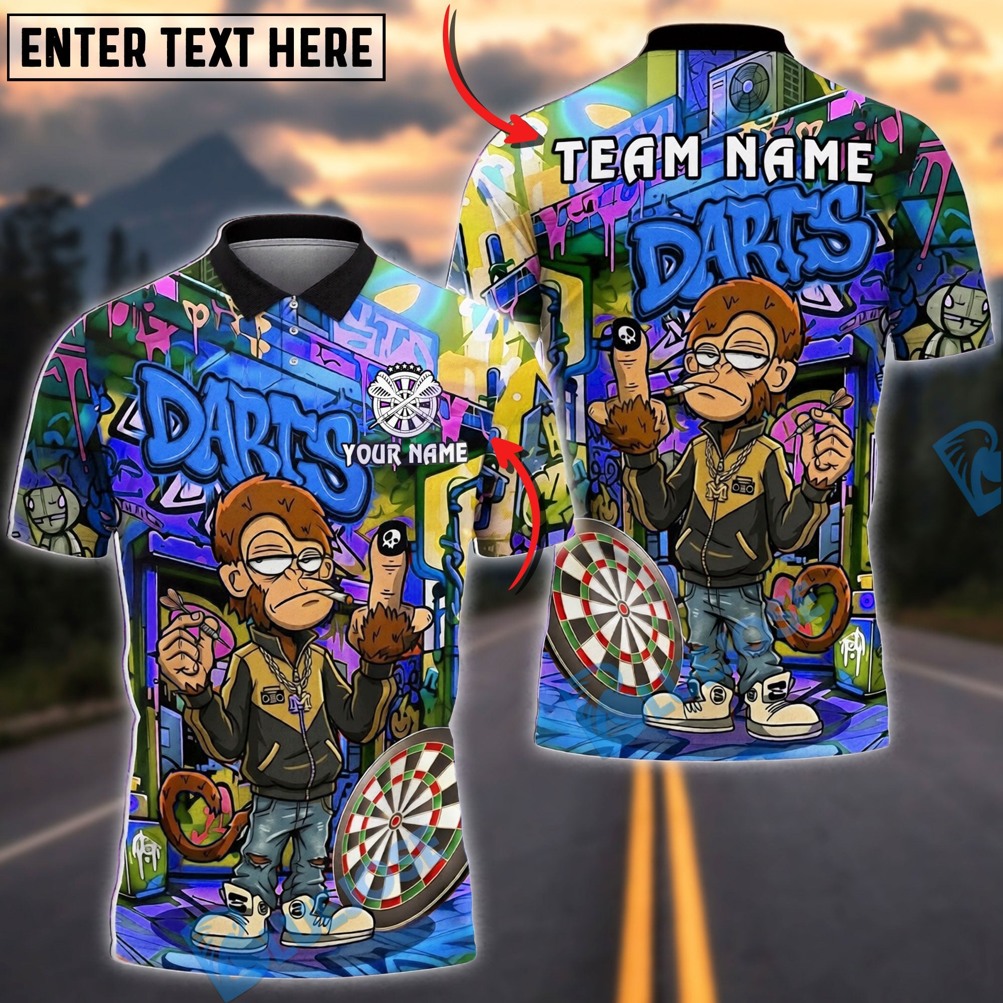 BlueJose Darts Graffiti Monkey Middle Finger  Street Style Personalized Name, Team Name Unisex Shirt (4 Colors)