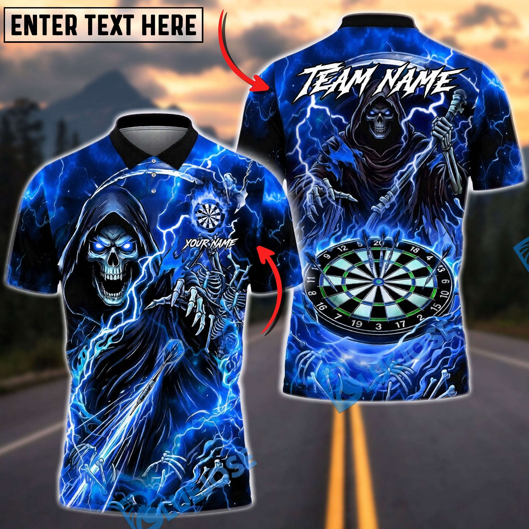 BlueJose Darts Grim Reaper Electric Lightning Personalized Name, Team Name Unisex Shirt (4 Colors)