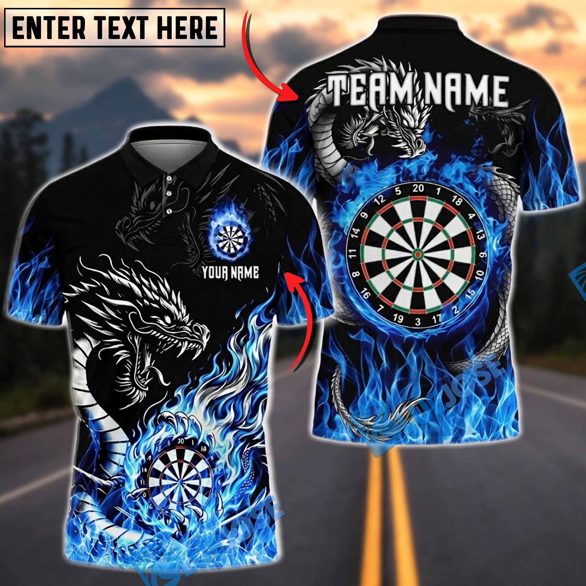 BlueJose Darts Fire Dragon Flaming Dartboard Personalized Name, Team Name Unisex Shirt (4 Colors)