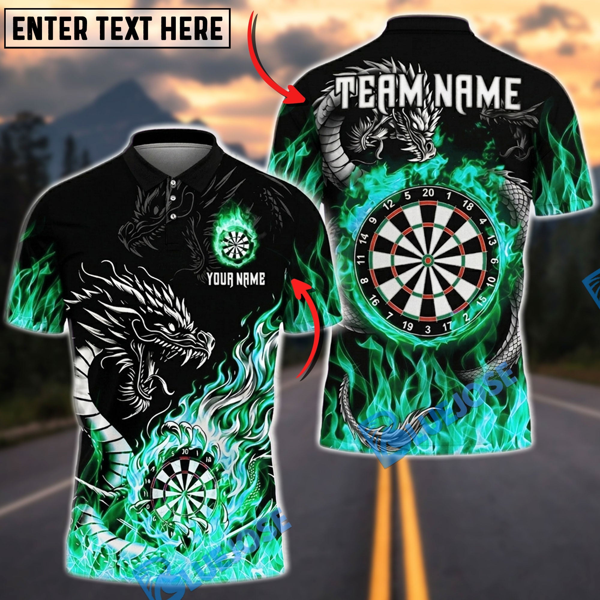 BlueJose Darts Fire Dragon Flaming Dartboard Personalized Name, Team Name Unisex Shirt (4 Colors)