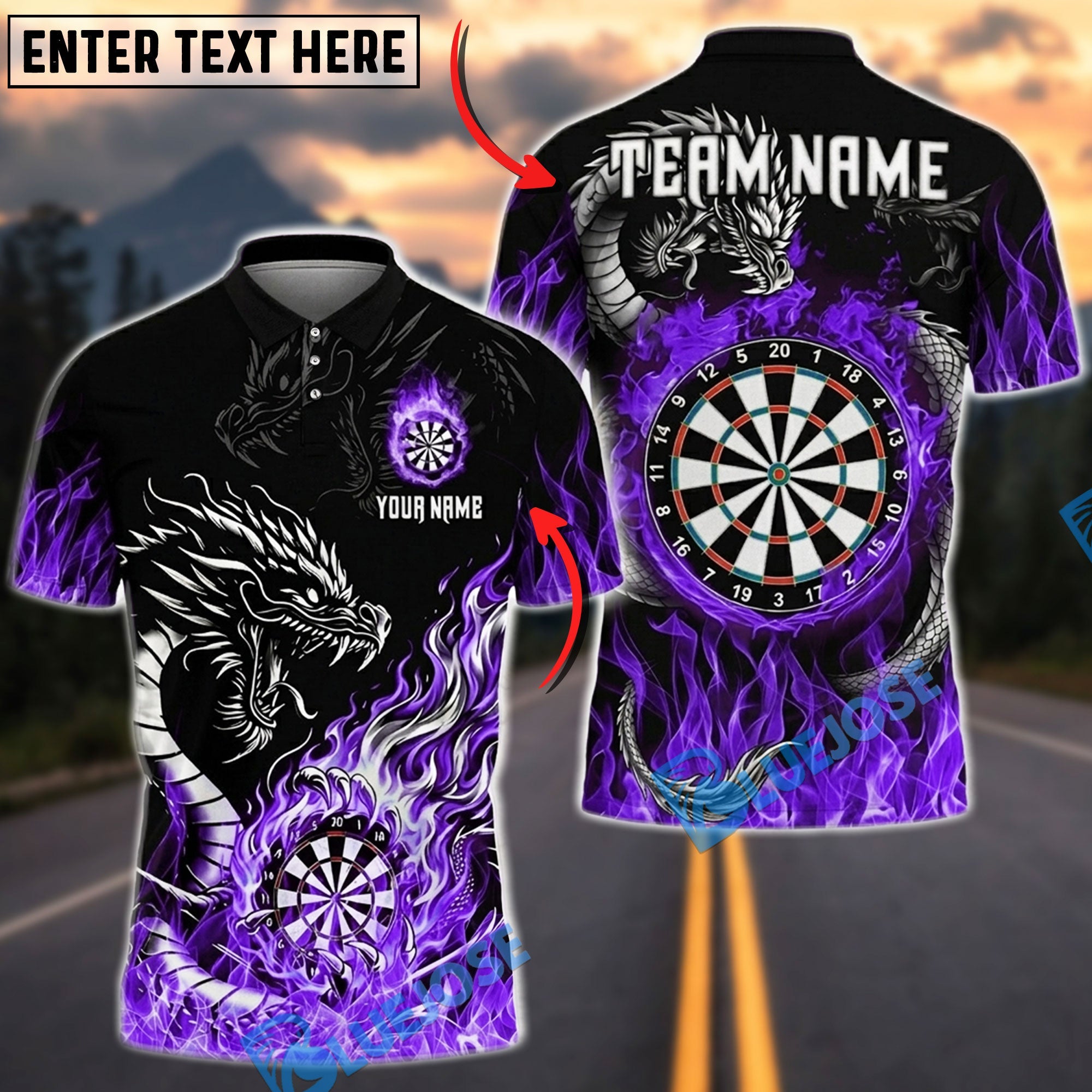 BlueJose Darts Fire Dragon Flaming Dartboard Personalized Name, Team Name Unisex Shirt (4 Colors)
