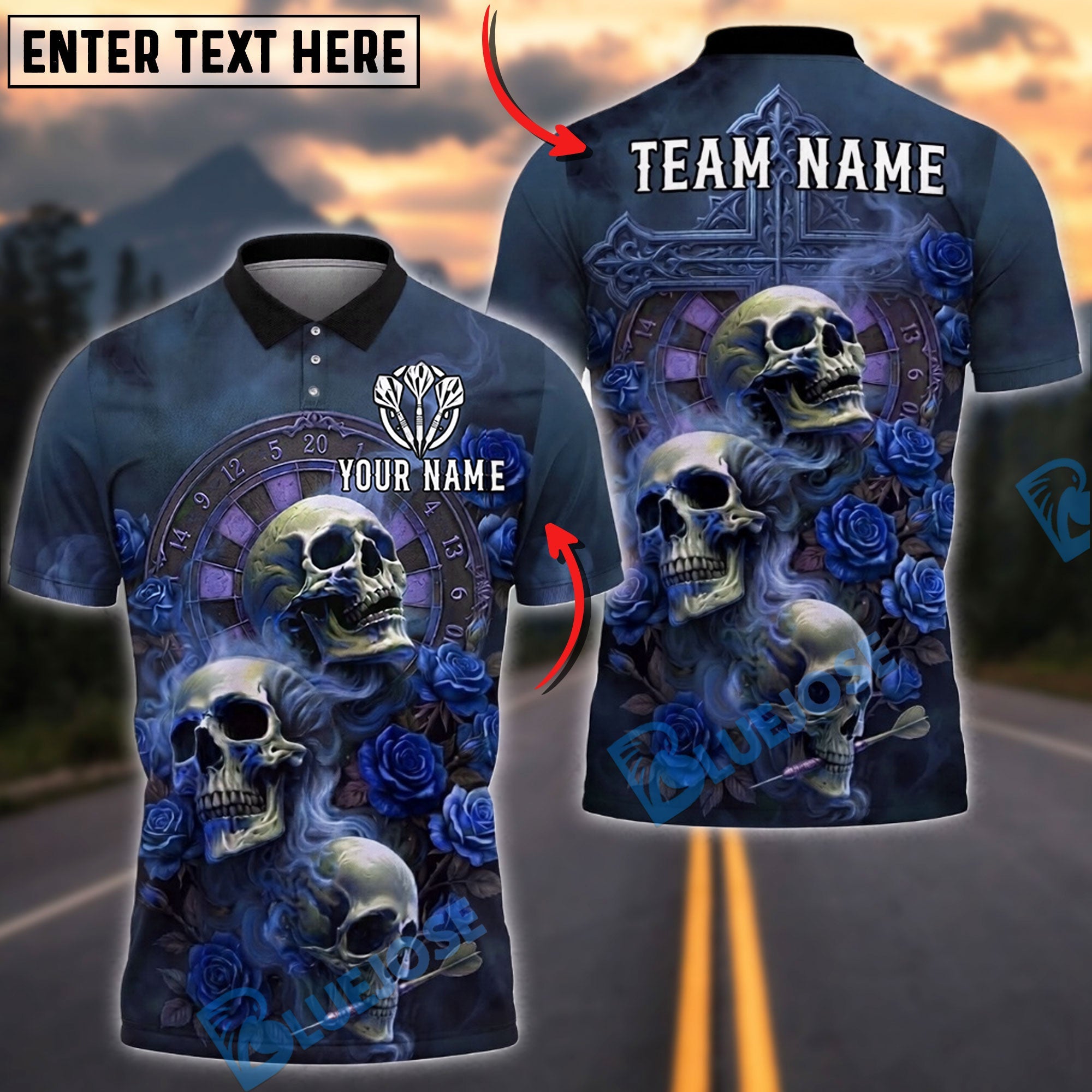BlueJose Darts Triple Skull Gothic Roses Personalized Name, Team Name Unisex Shirt (4 Colors)