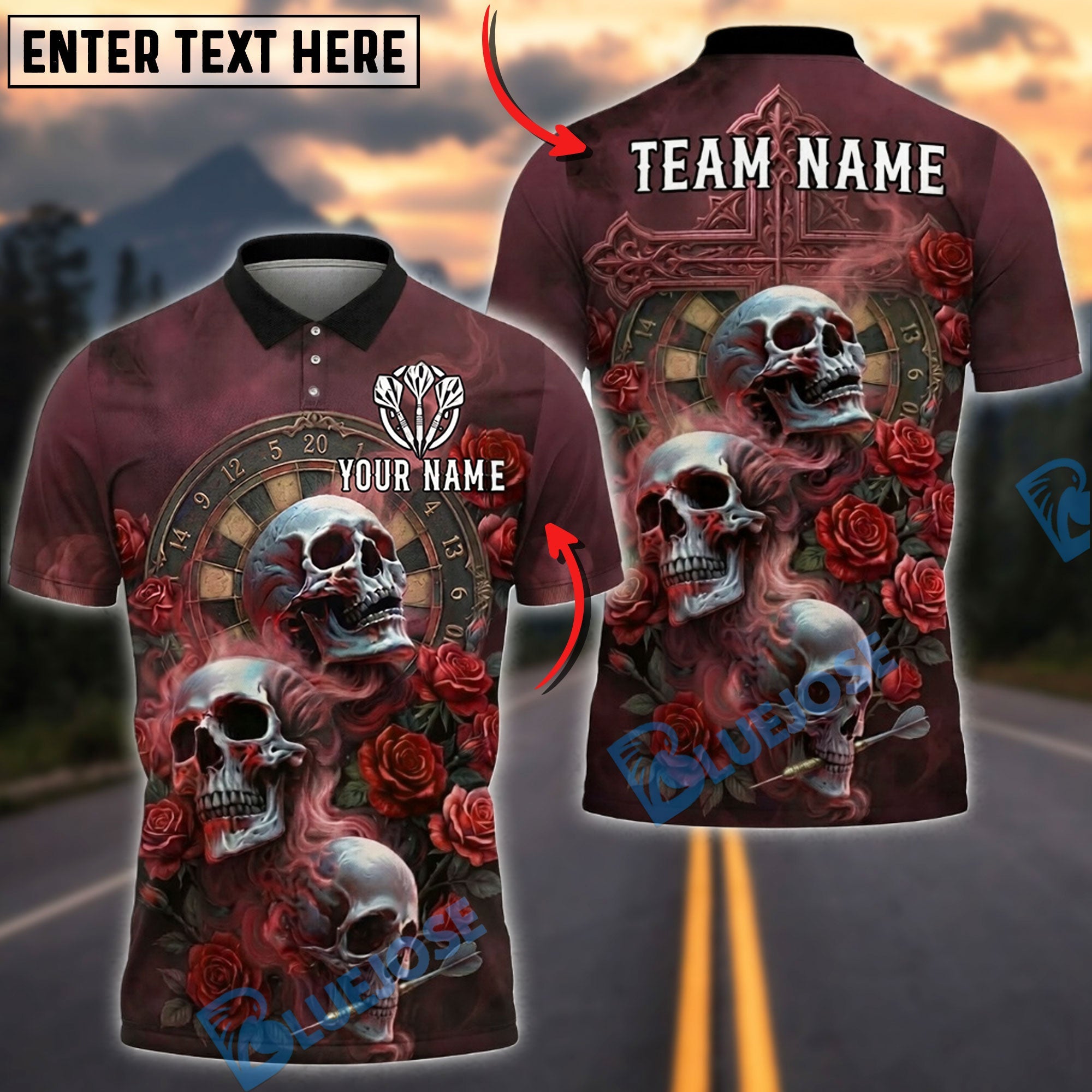 BlueJose Darts Triple Skull Gothic Roses Personalized Name, Team Name Unisex Shirt (4 Colors)