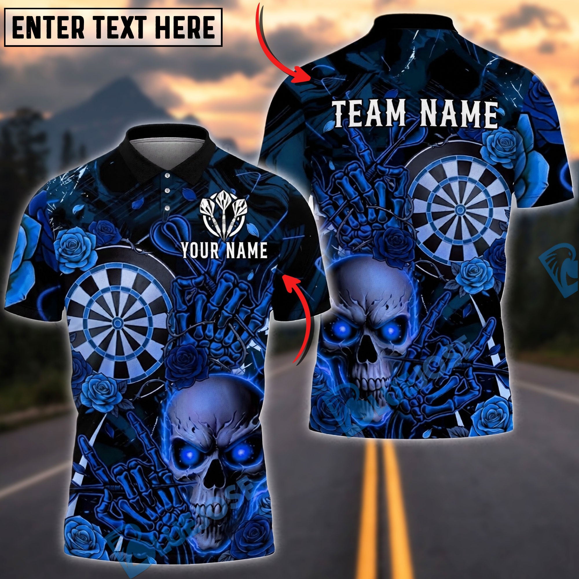 BlueJose Darts Skull Rose Gothic Dark Personalized Name, Team Name Unisex Shirt (4 Colors)