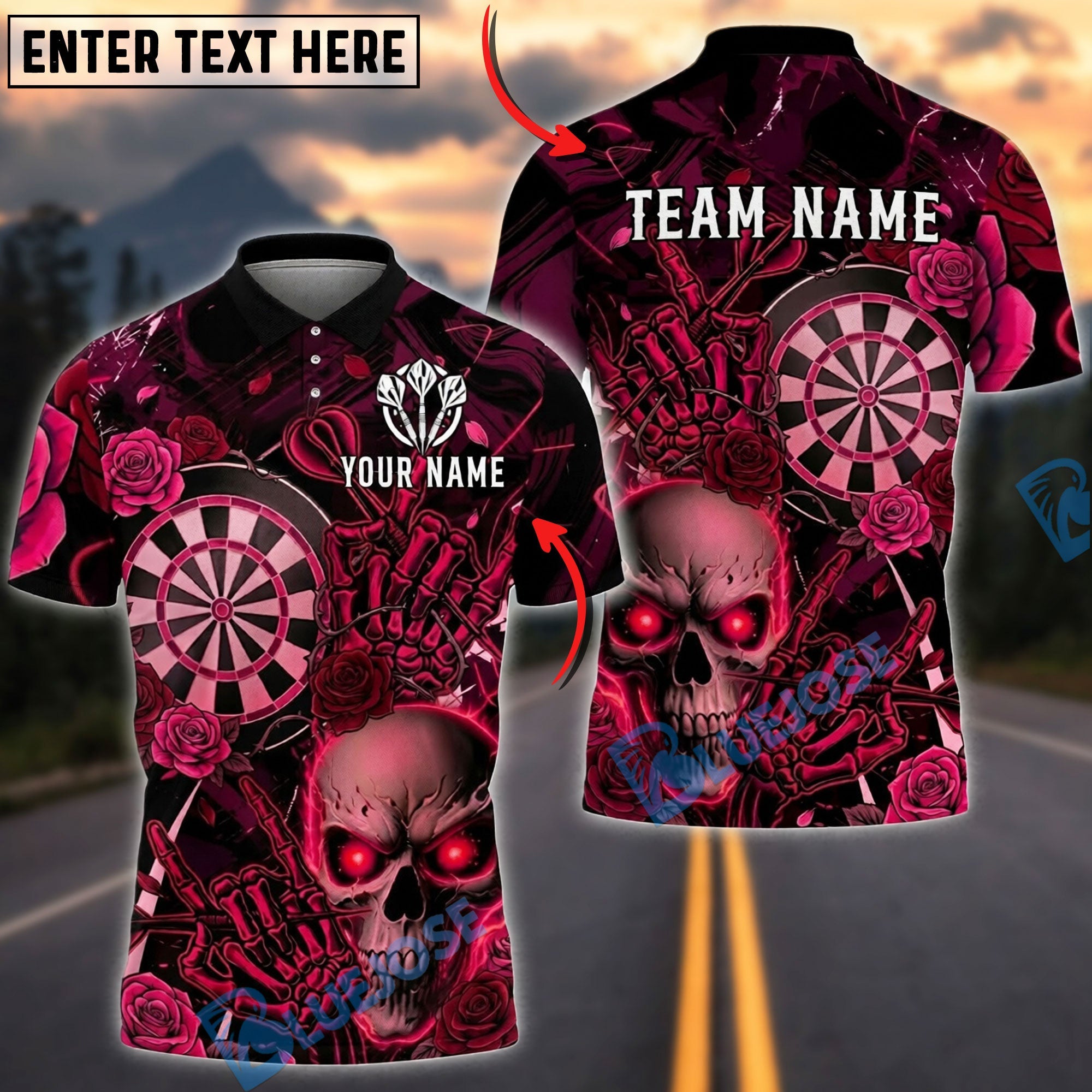 BlueJose Darts Skull Rose Gothic Dark Personalized Name, Team Name Unisex Shirt (4 Colors)