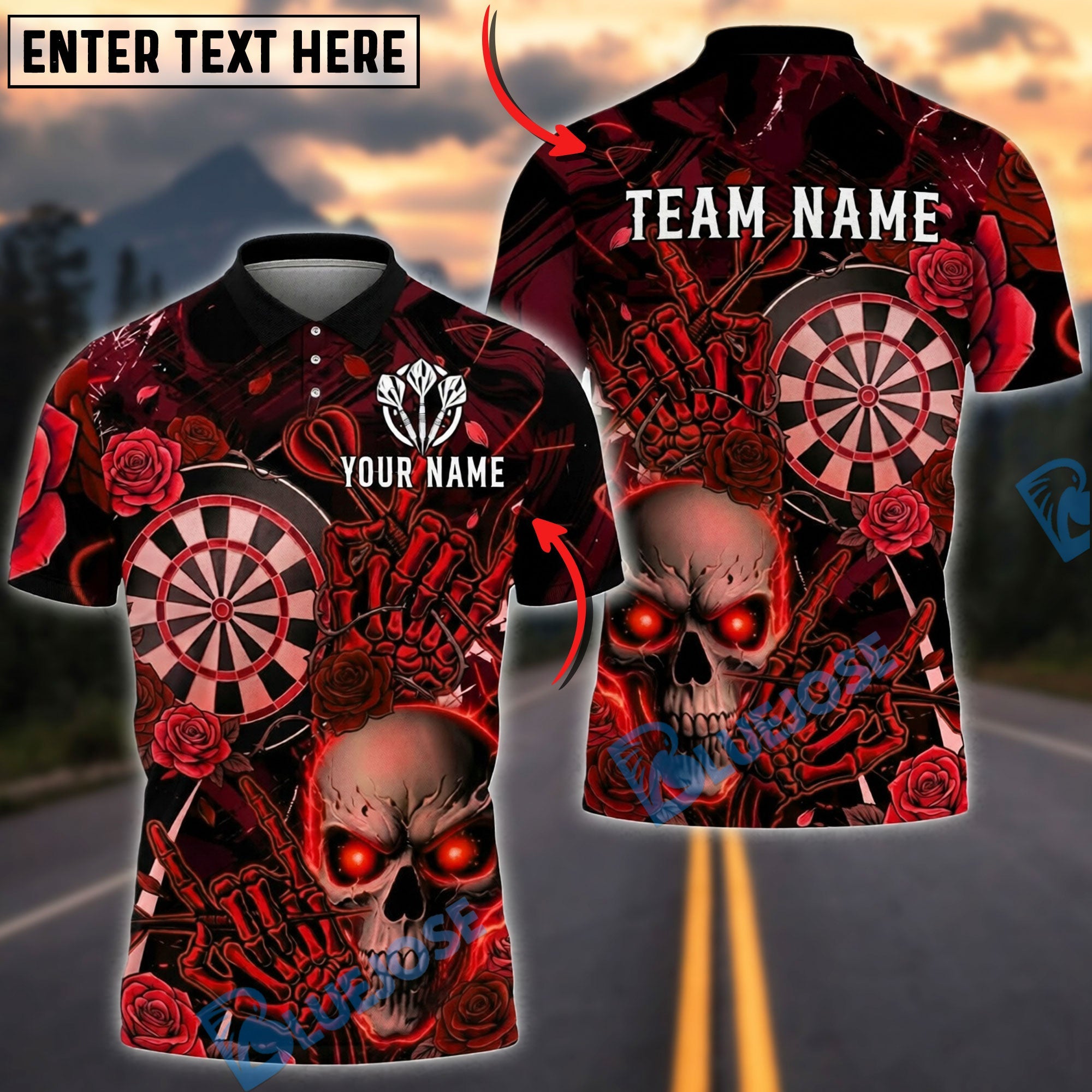 BlueJose Darts Skull Rose Gothic Dark Personalized Name, Team Name Unisex Shirt (4 Colors)
