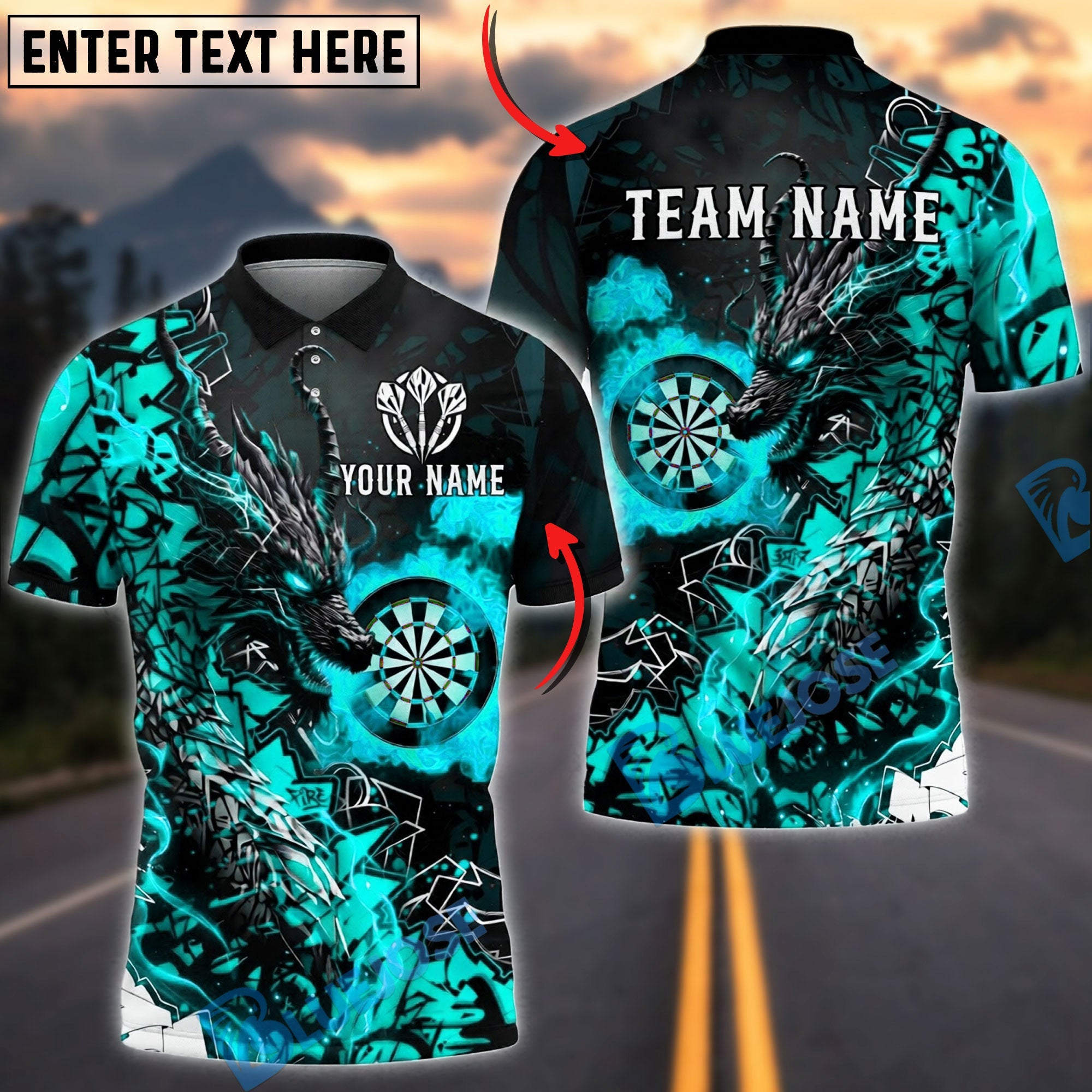 BlueJose Darts Cool Fire Dragon Personalized Name, Team Name Unisex Shirt (4 Colors)