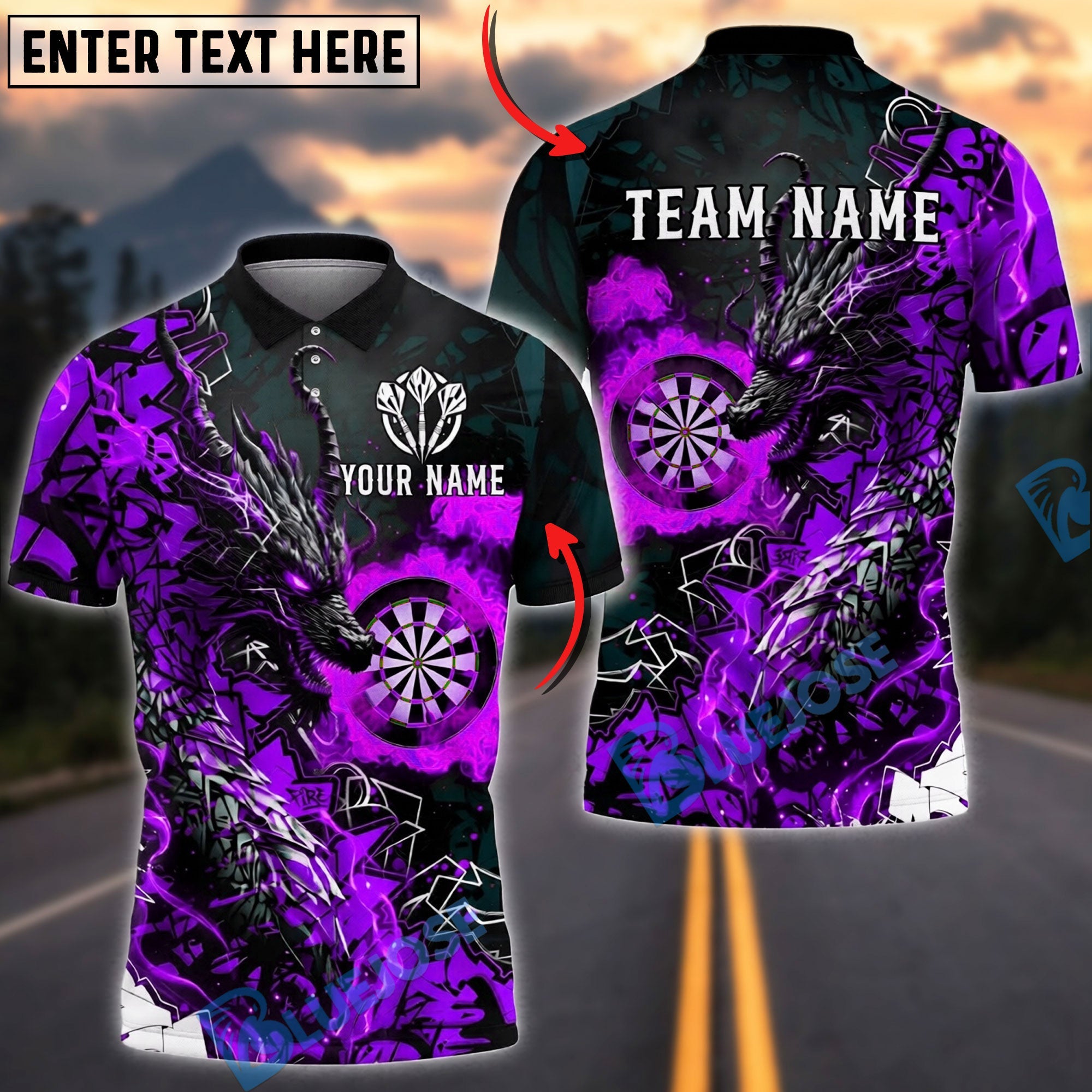 BlueJose Darts Cool Fire Dragon Personalized Name, Team Name Unisex Shirt (4 Colors)