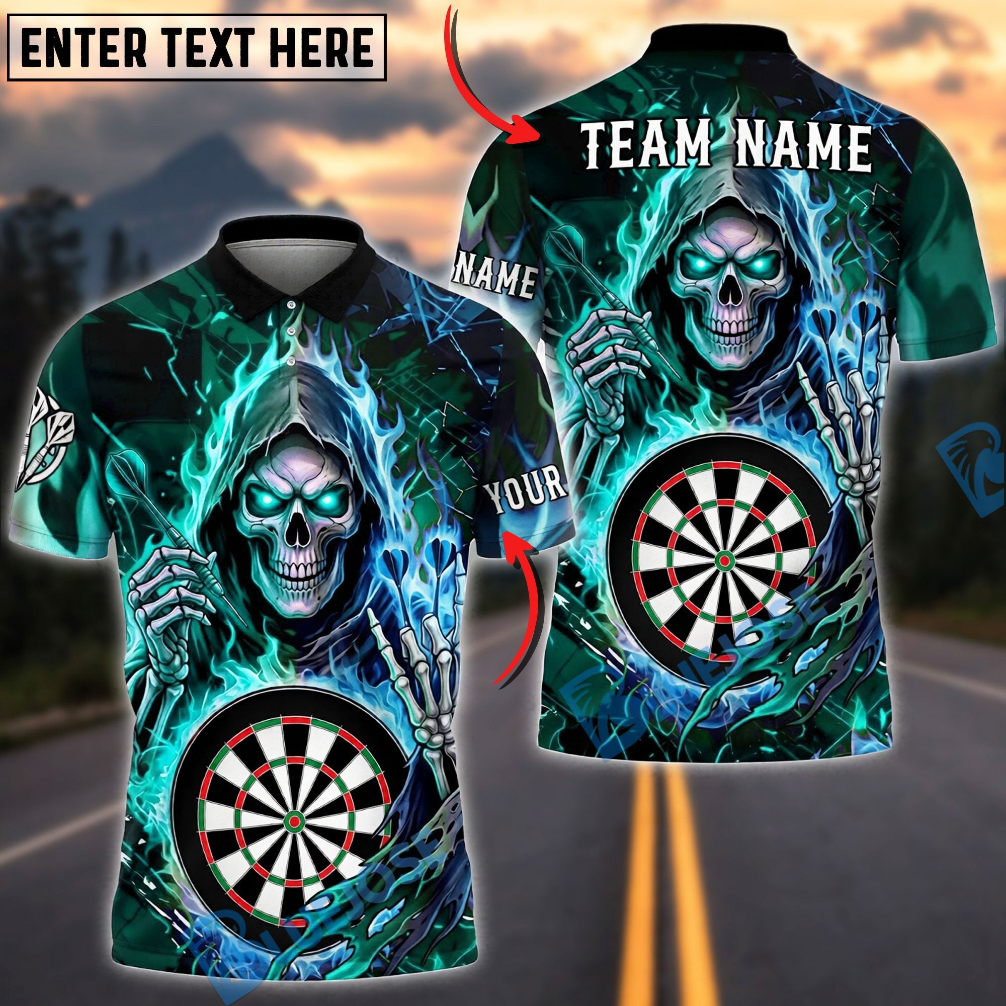 BlueJose Darts Grim Reaper Neon Fire Skull Twin Side Lightning Personalized Name, Team Name Unisex Shirt (4 Colors)