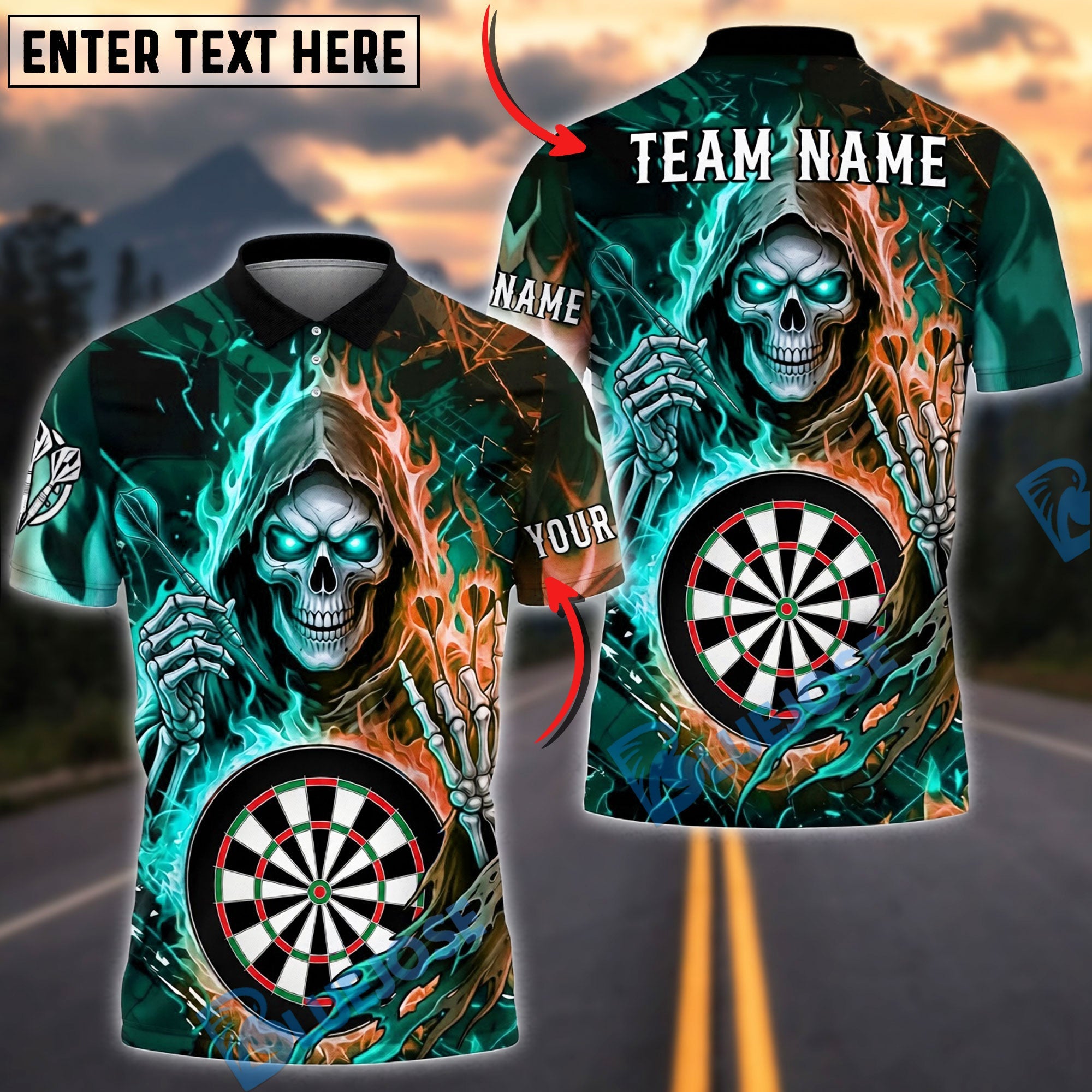BlueJose Darts Grim Reaper Neon Fire Skull Twin Side Lightning Personalized Name, Team Name Unisex Shirt (4 Colors)
