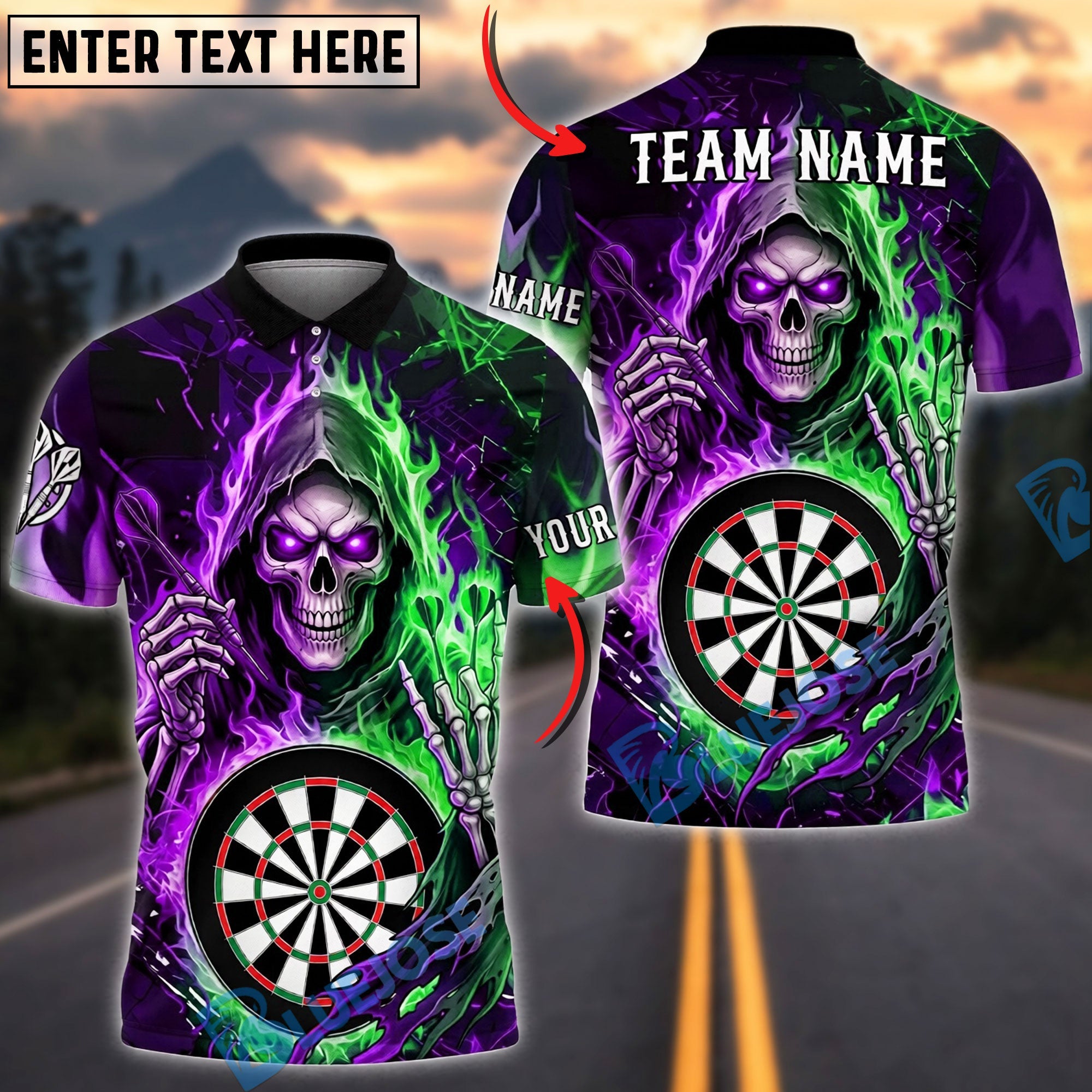 BlueJose Darts Grim Reaper Neon Fire Skull Twin Side Lightning Personalized Name, Team Name Unisex Shirt (4 Colors)