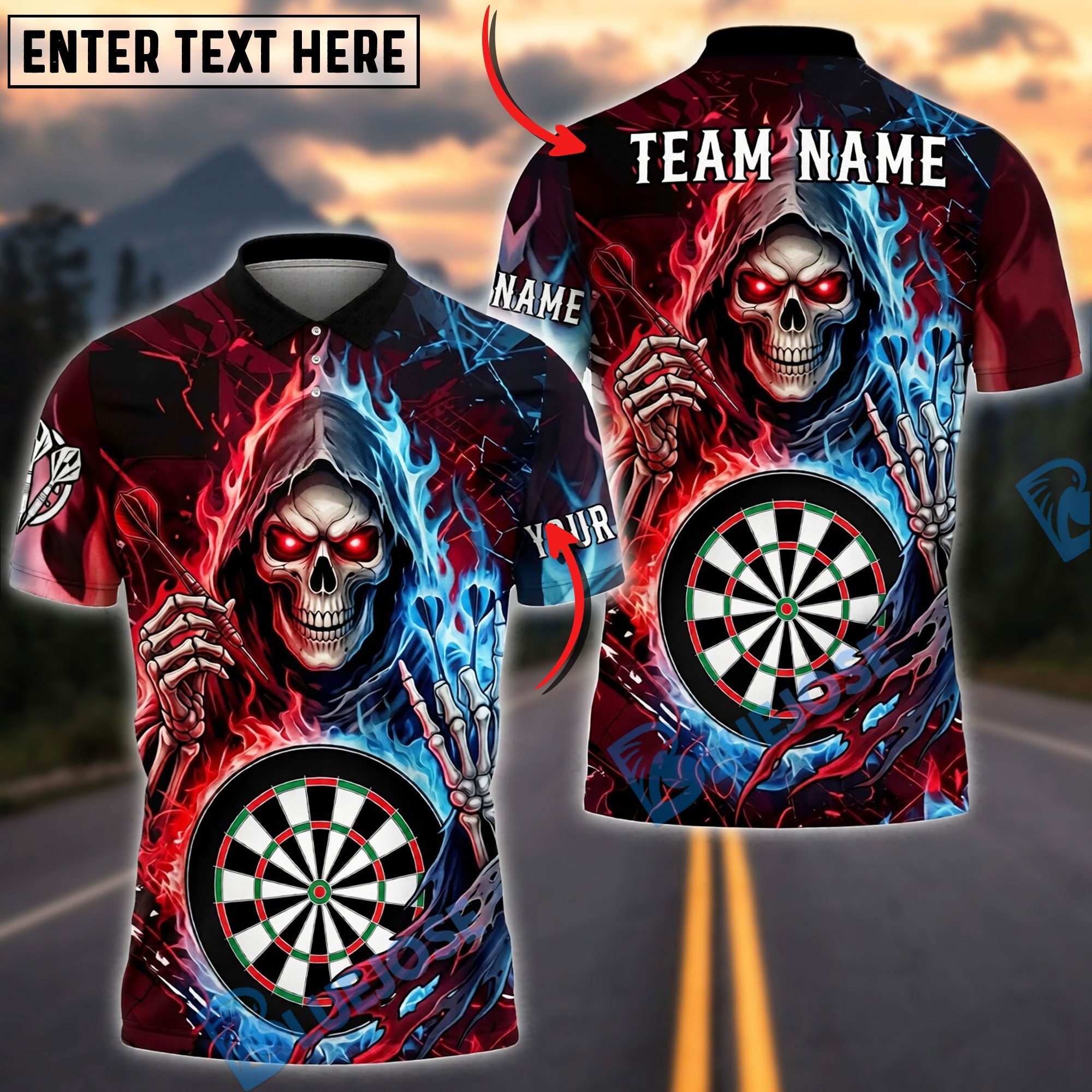 BlueJose Darts Grim Reaper Neon Fire Skull Twin Side Lightning Personalized Name, Team Name Unisex Shirt (4 Colors)