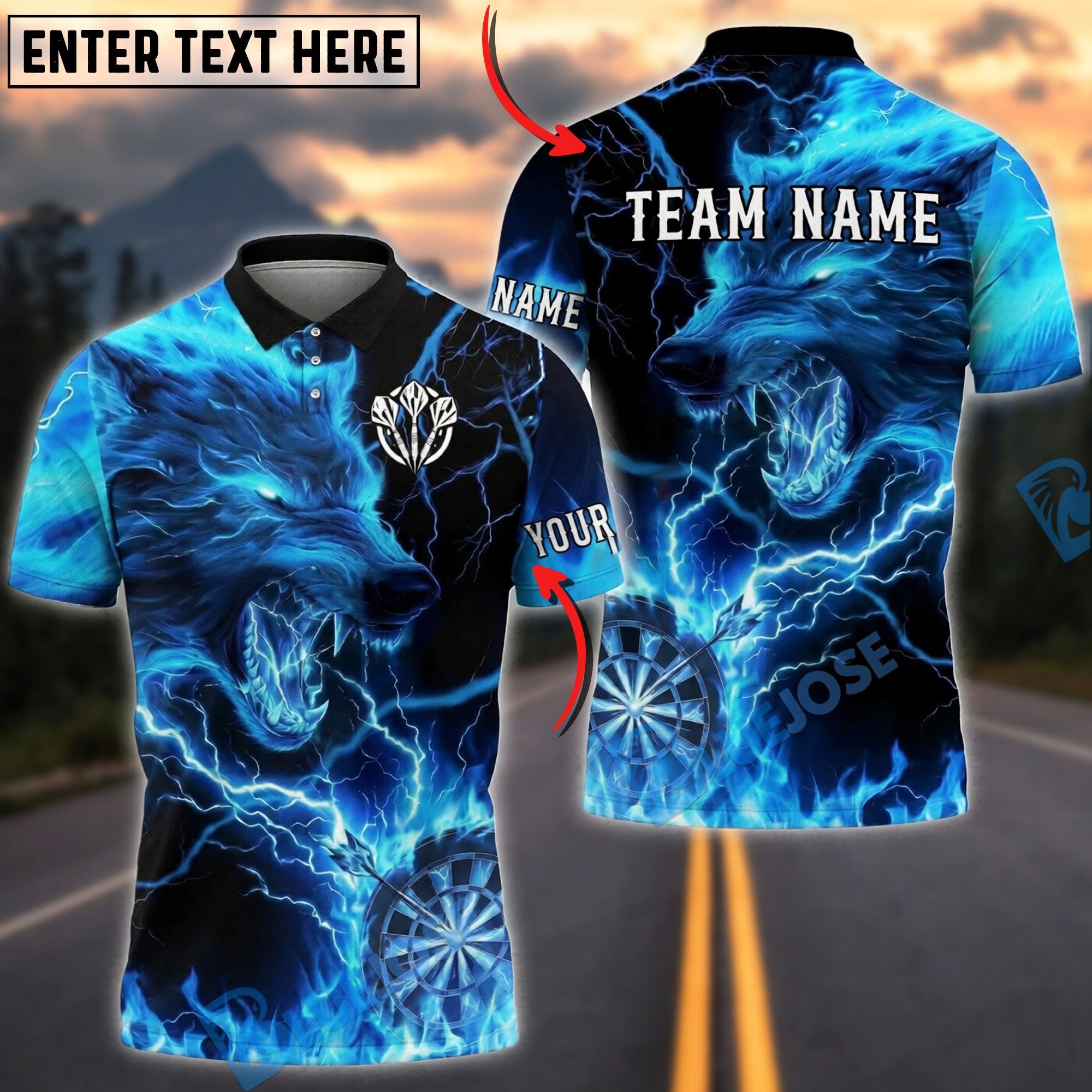BlueJose Darts Electric Wolf Lightning Graphic Personalized Name, Team Name Unisex Shirt (4 Colors)