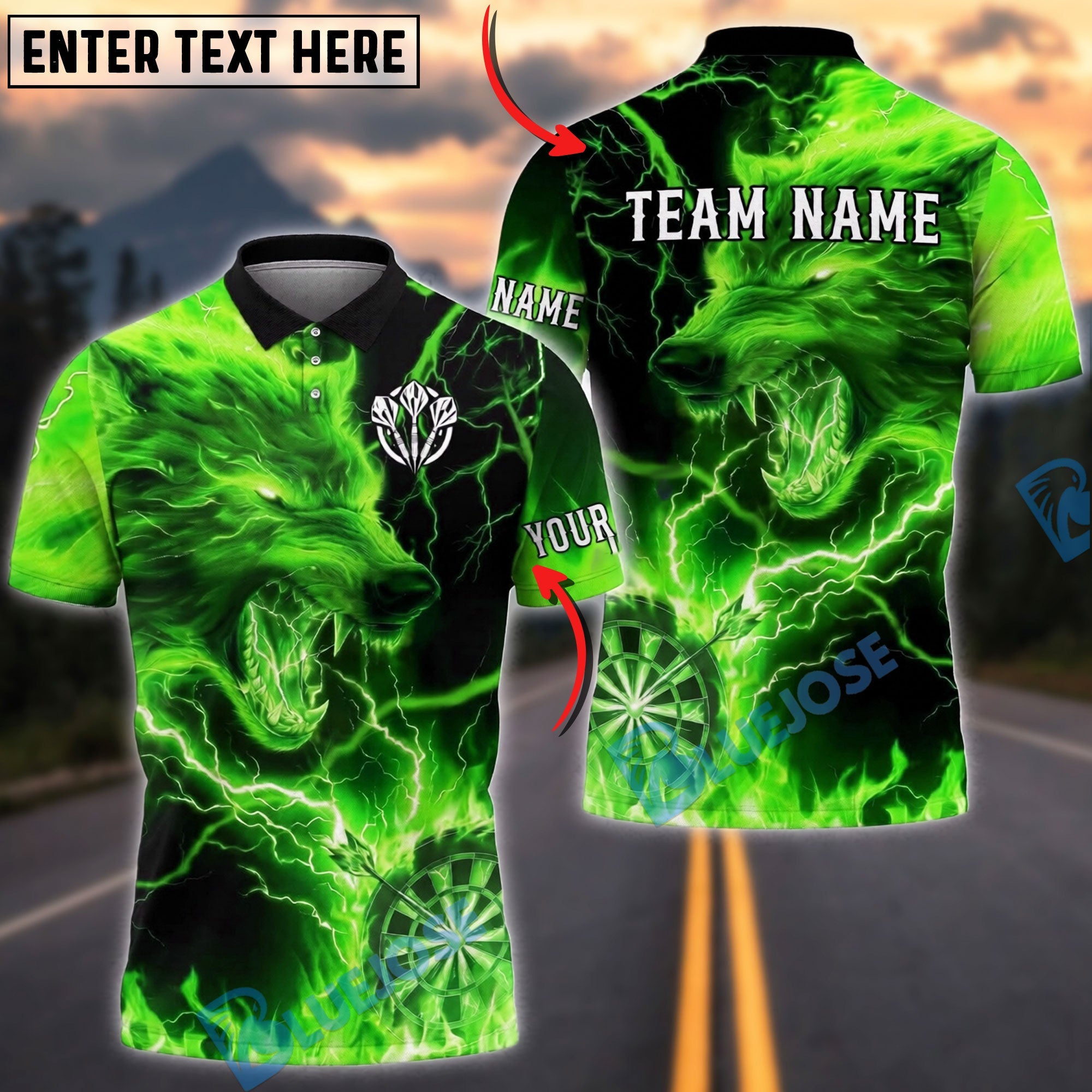 BlueJose Darts Electric Wolf Lightning Graphic Personalized Name, Team Name Unisex Shirt (4 Colors)