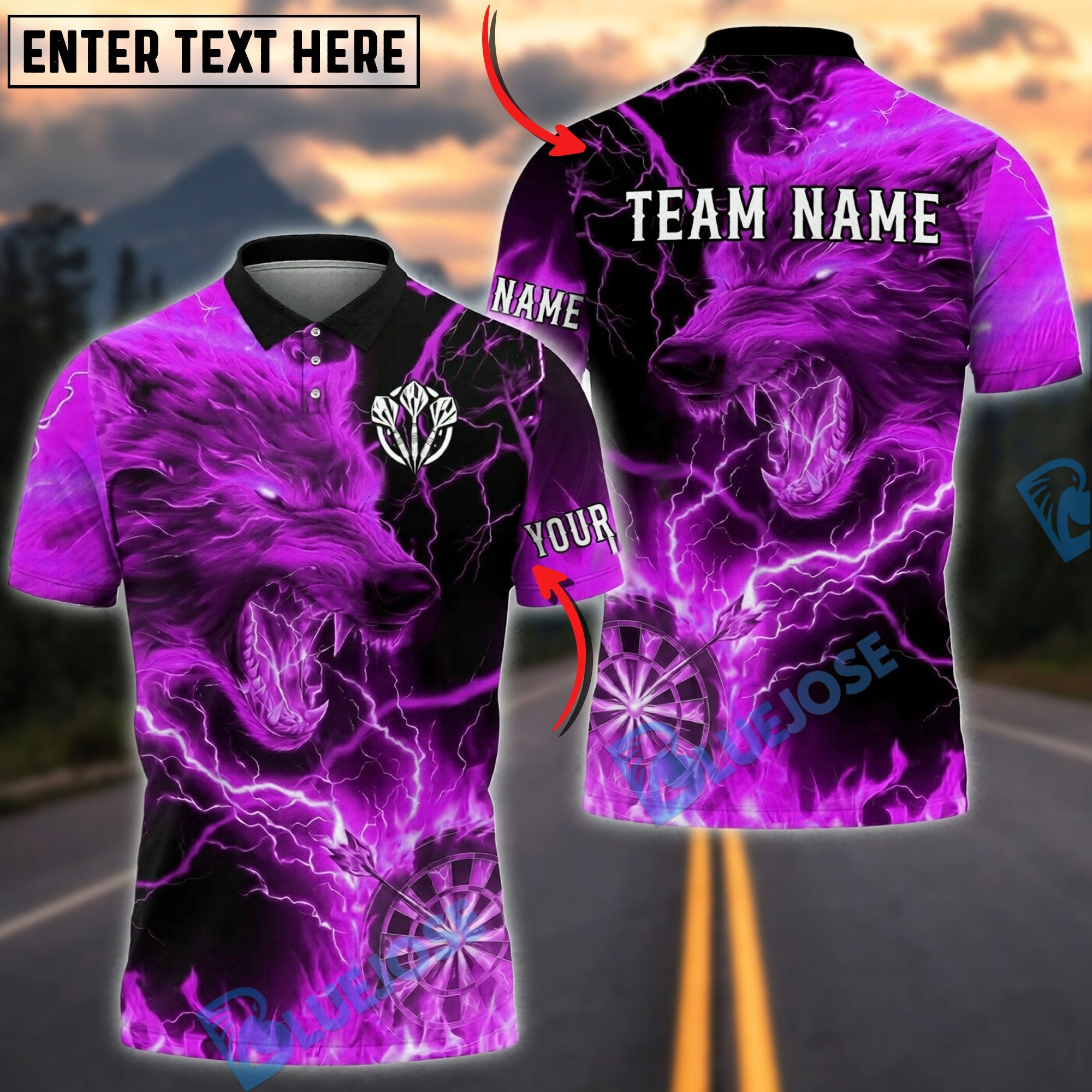 BlueJose Darts Electric Wolf Lightning Graphic Personalized Name, Team Name Unisex Shirt (4 Colors)