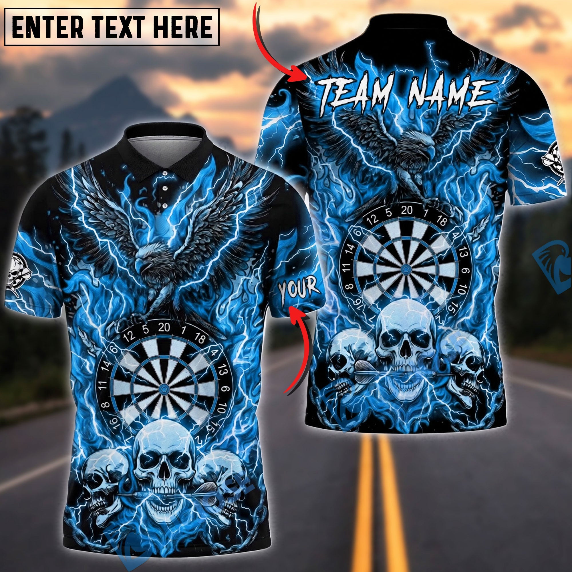 BlueJose Darts Flaming Eagle Skull Lightning Personalized Name, Team Name Unisex Shirt (4 Colors)