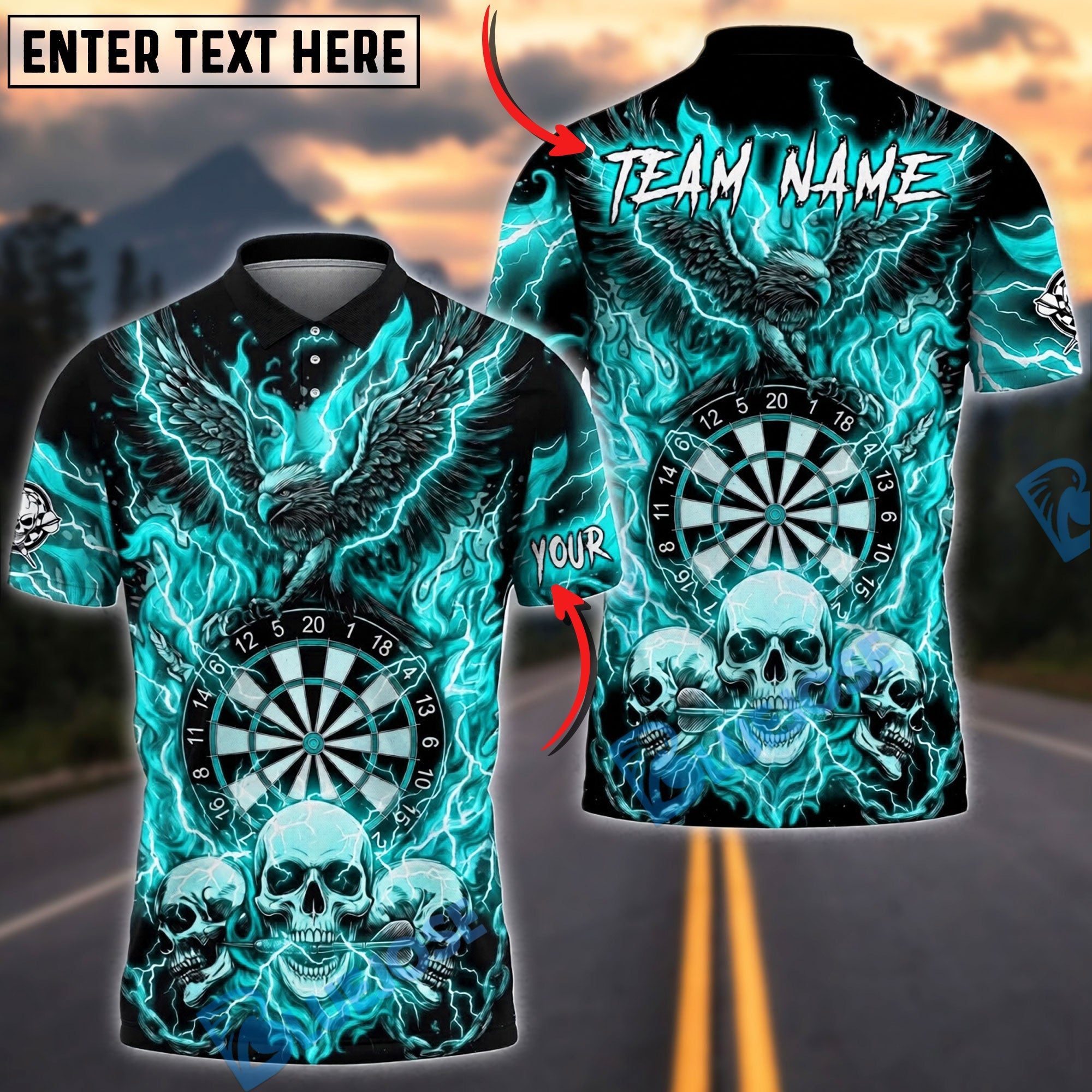 BlueJose Darts Flaming Eagle Skull Lightning Personalized Name, Team Name Unisex Shirt (4 Colors)
