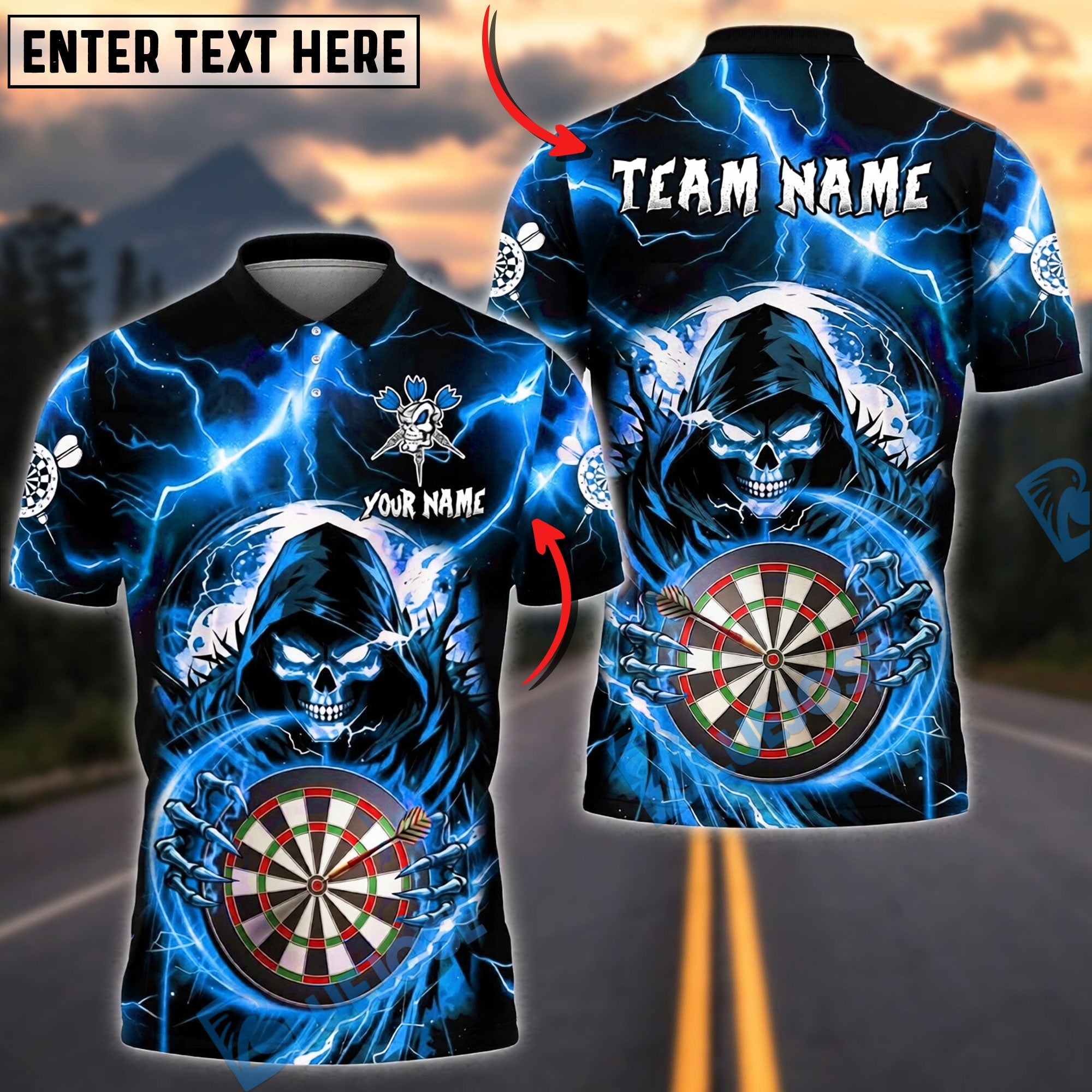 BlueJose Darts Grim Reaper Skull Lightning Hold Dartboard Personalized Name, Team Name Unisex Shirt (4 Colors)