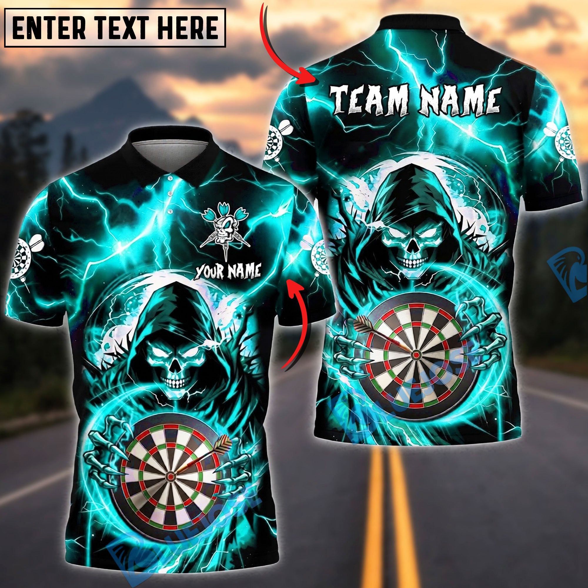 BlueJose Darts Grim Reaper Skull Lightning Hold Dartboard Personalized Name, Team Name Unisex Shirt (4 Colors)