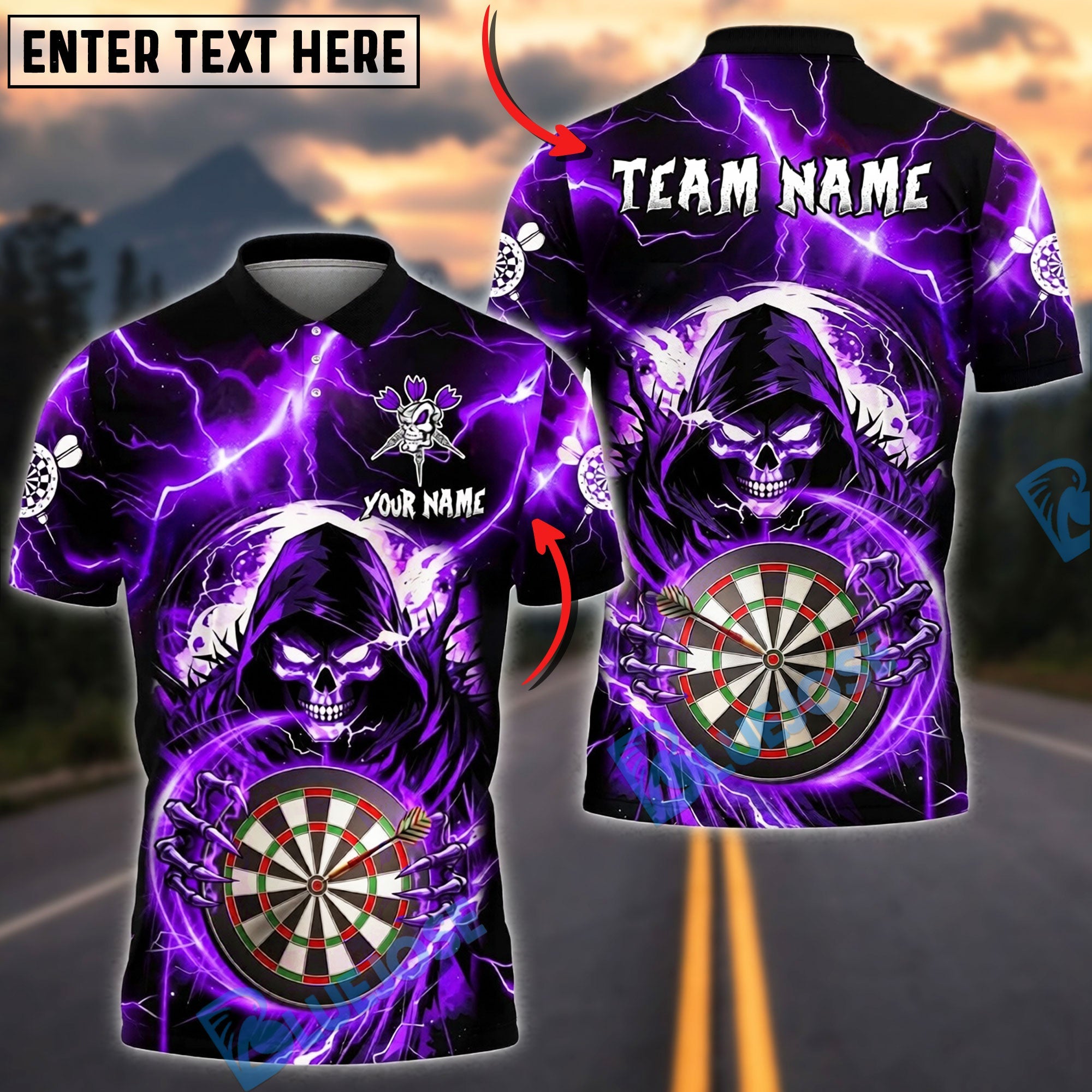 BlueJose Darts Grim Reaper Skull Lightning Hold Dartboard Personalized Name, Team Name Unisex Shirt (4 Colors)