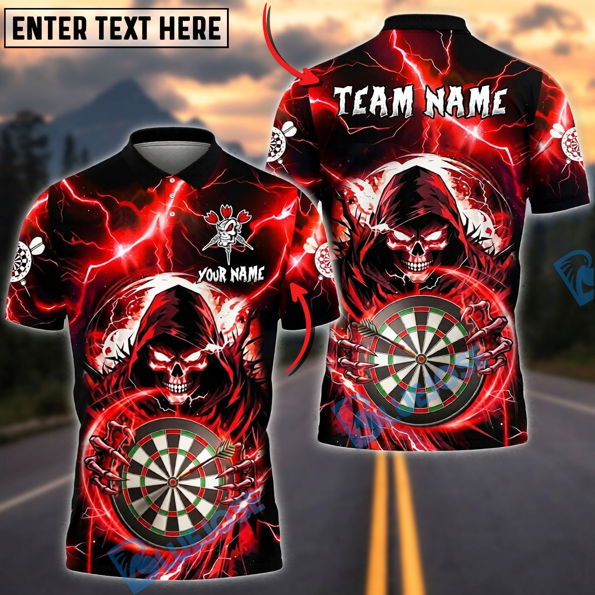 BlueJose Darts Grim Reaper Skull Lightning Hold Dartboard Personalized Name, Team Name Unisex Shirt (4 Colors)