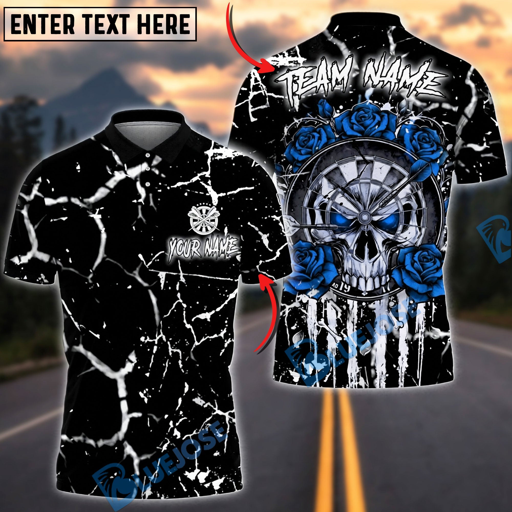 BlueJose Darts Skull Marble Gothic Roses Personalized Name, Team Name Unisex Shirt (4 Colors)
