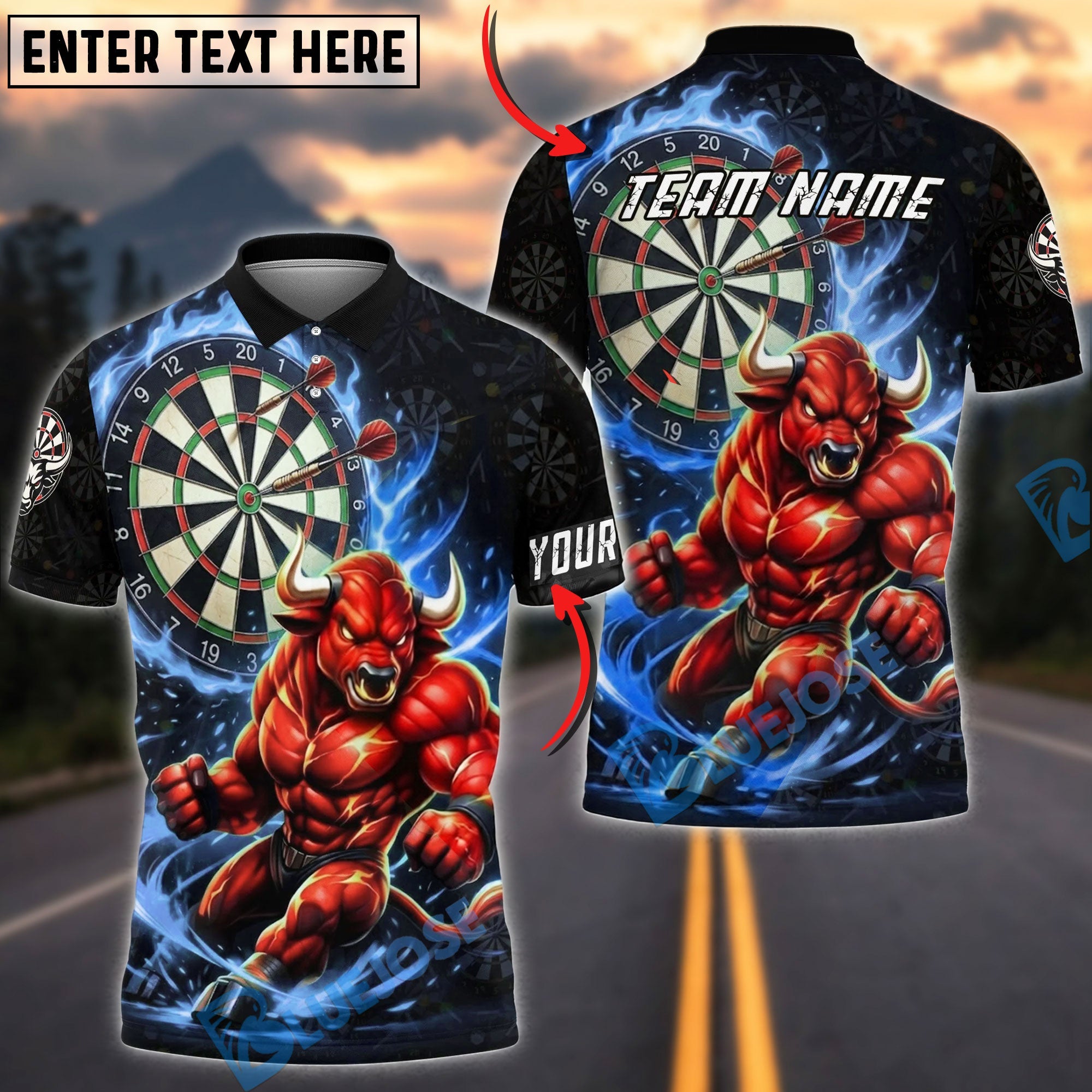 BlueJose Darts Red Bull Flaming Dartboard Personalized Name, Team Name Unisex Shirt (4 Colors)