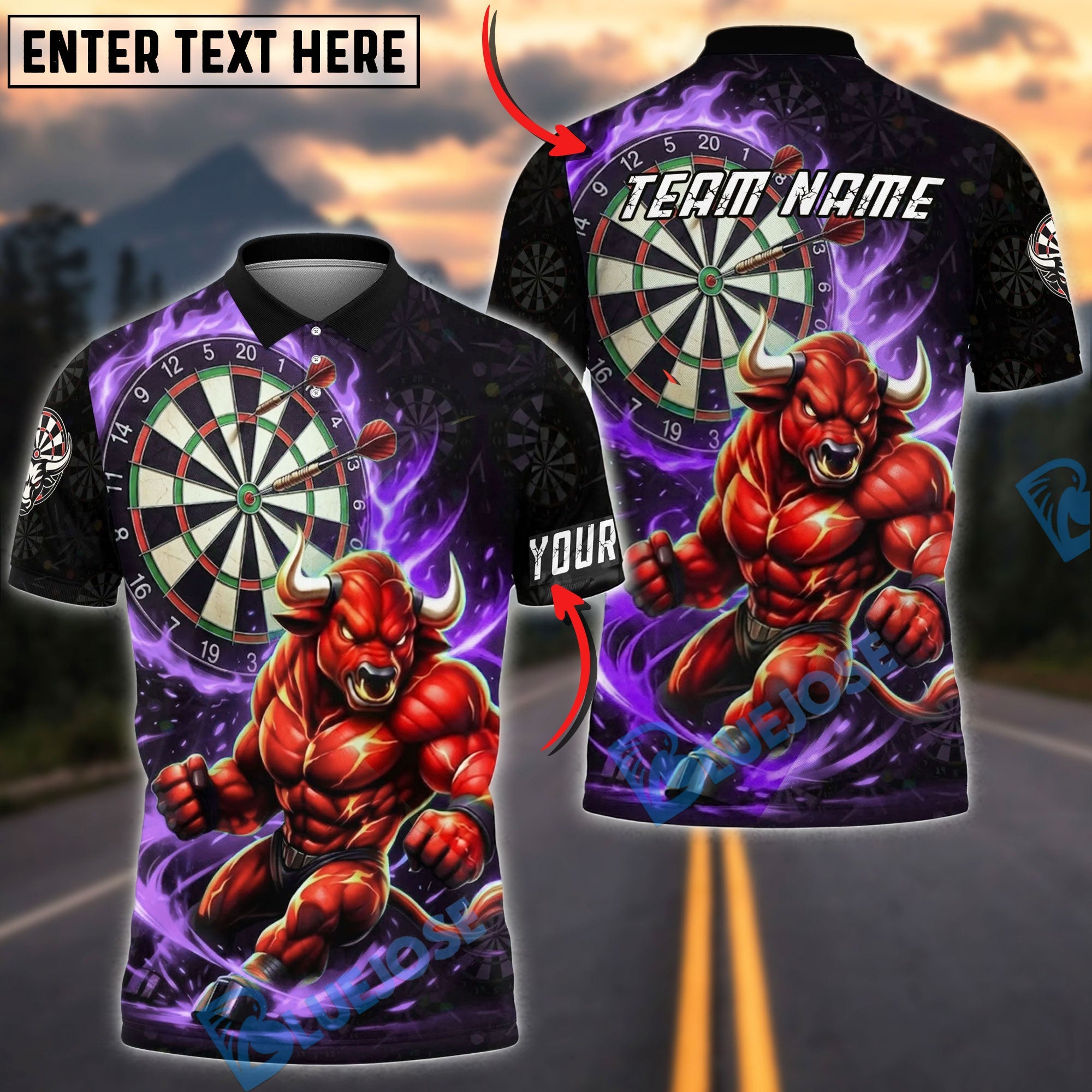 BlueJose Darts Red Bull Flaming Dartboard Personalized Name, Team Name Unisex Shirt (4 Colors)