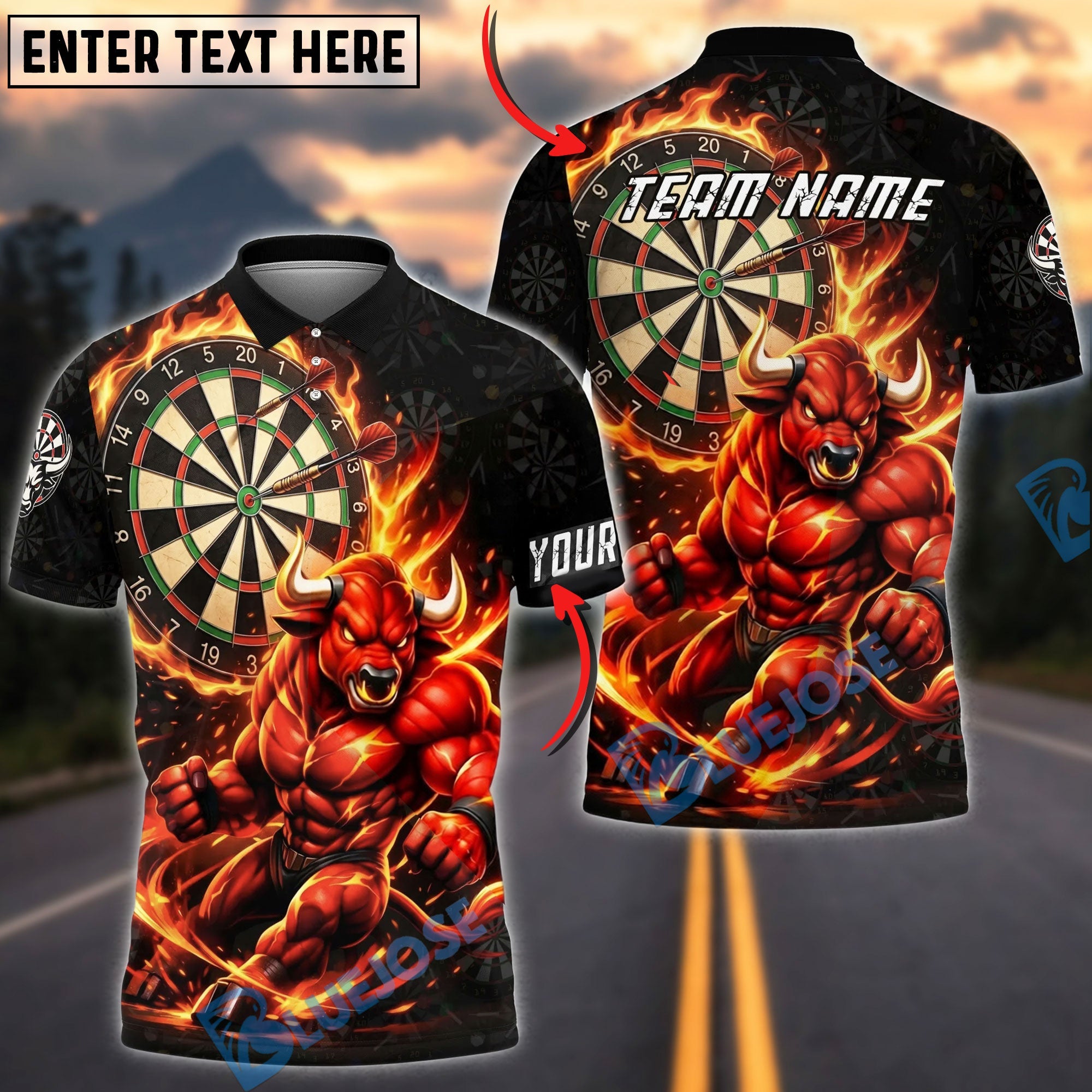 BlueJose Darts Red Bull Flaming Dartboard Personalized Name, Team Name Unisex Shirt (4 Colors)
