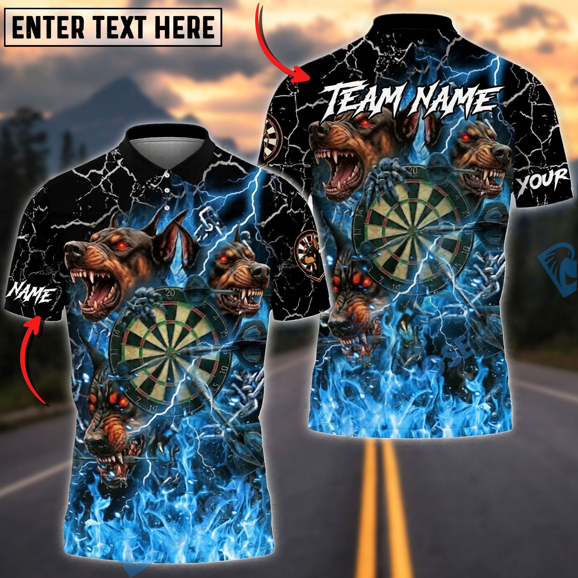 BlueJose Darts Thunder Flame Hell Cerberus Personalized Name, Team Name Unisex Shirt (4 Colors)