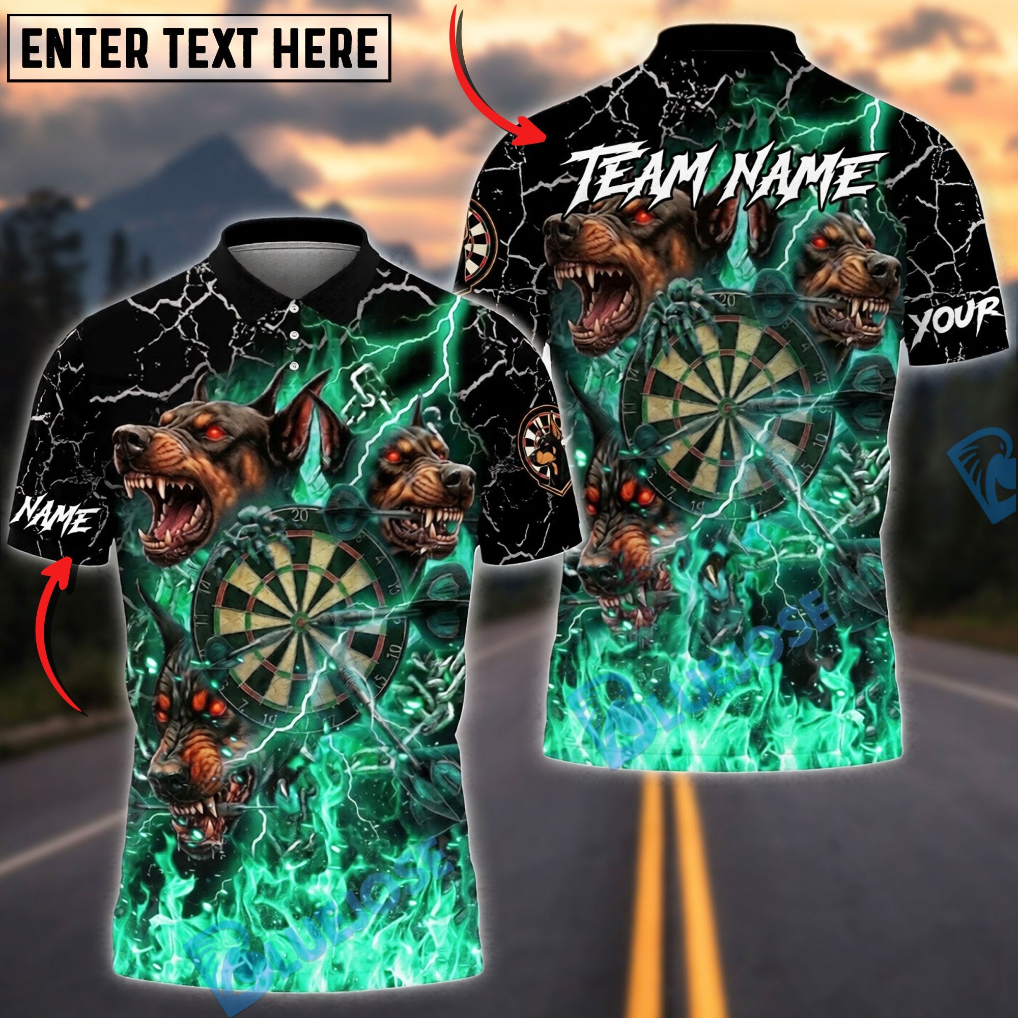 BlueJose Darts Thunder Flame Hell Cerberus Personalized Name, Team Name Unisex Shirt (4 Colors)