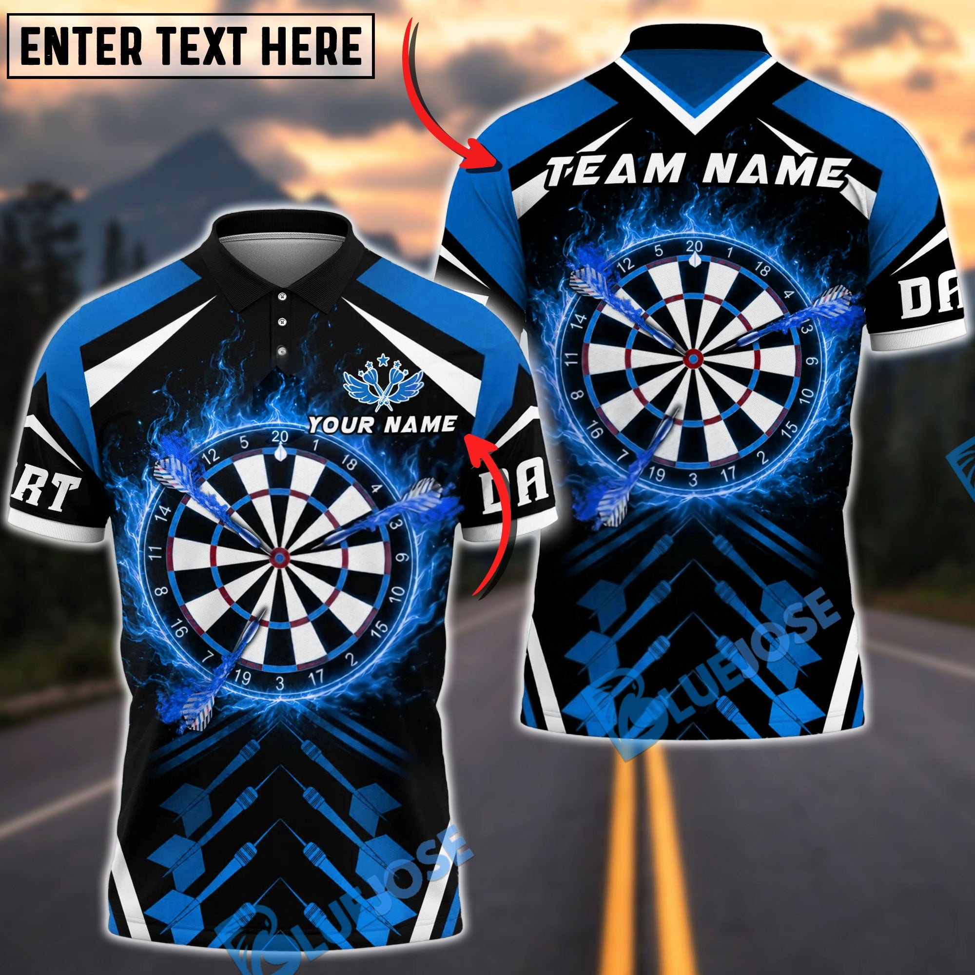 BlueJose Darts Flaming Dartboard and Flying Arrow Personalized Name, Team Name Unisex Shirt (4 Colors)