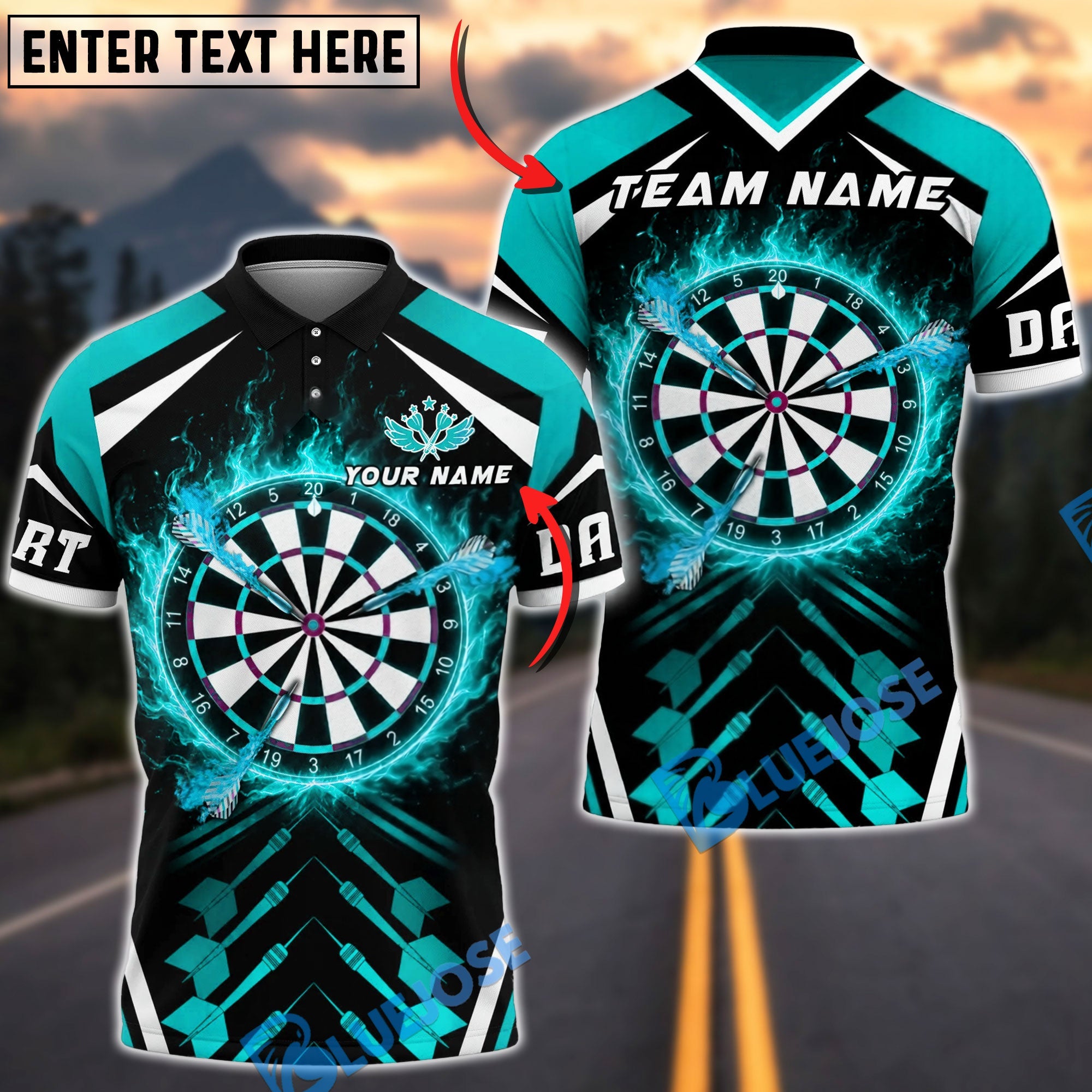 BlueJose Darts Flaming Dartboard and Flying Arrow Personalized Name, Team Name Unisex Shirt (4 Colors)