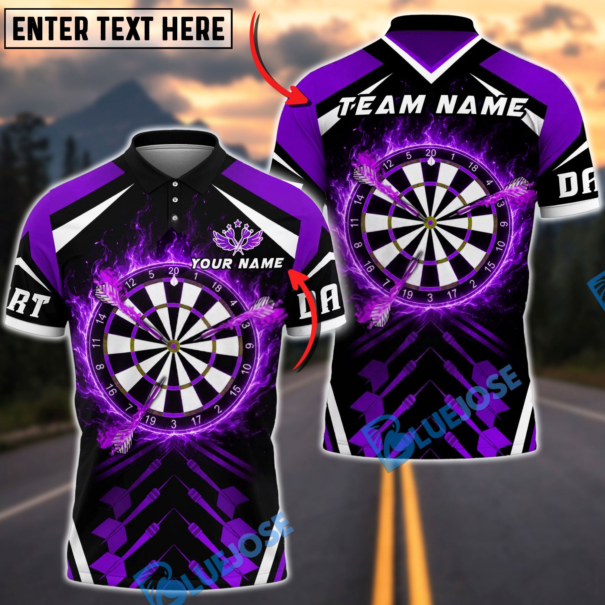BlueJose Darts Flaming Dartboard and Flying Arrow Personalized Name, Team Name Unisex Shirt (4 Colors)