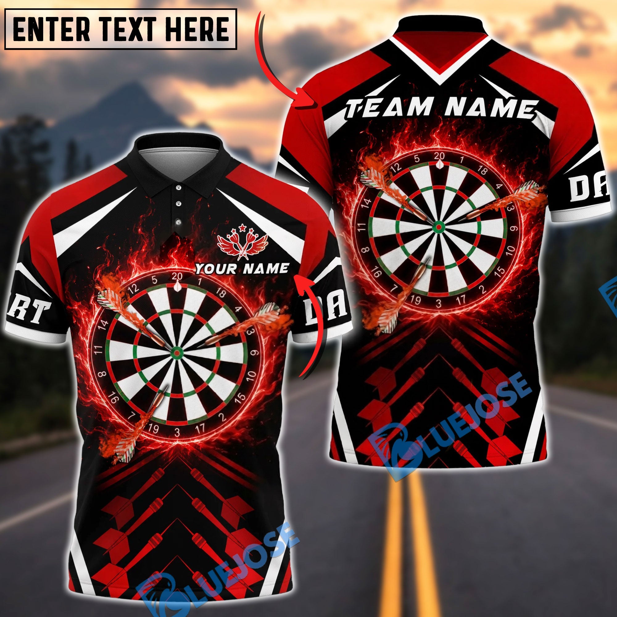 BlueJose Darts Flaming Dartboard and Flying Arrow Personalized Name, Team Name Unisex Shirt (4 Colors)