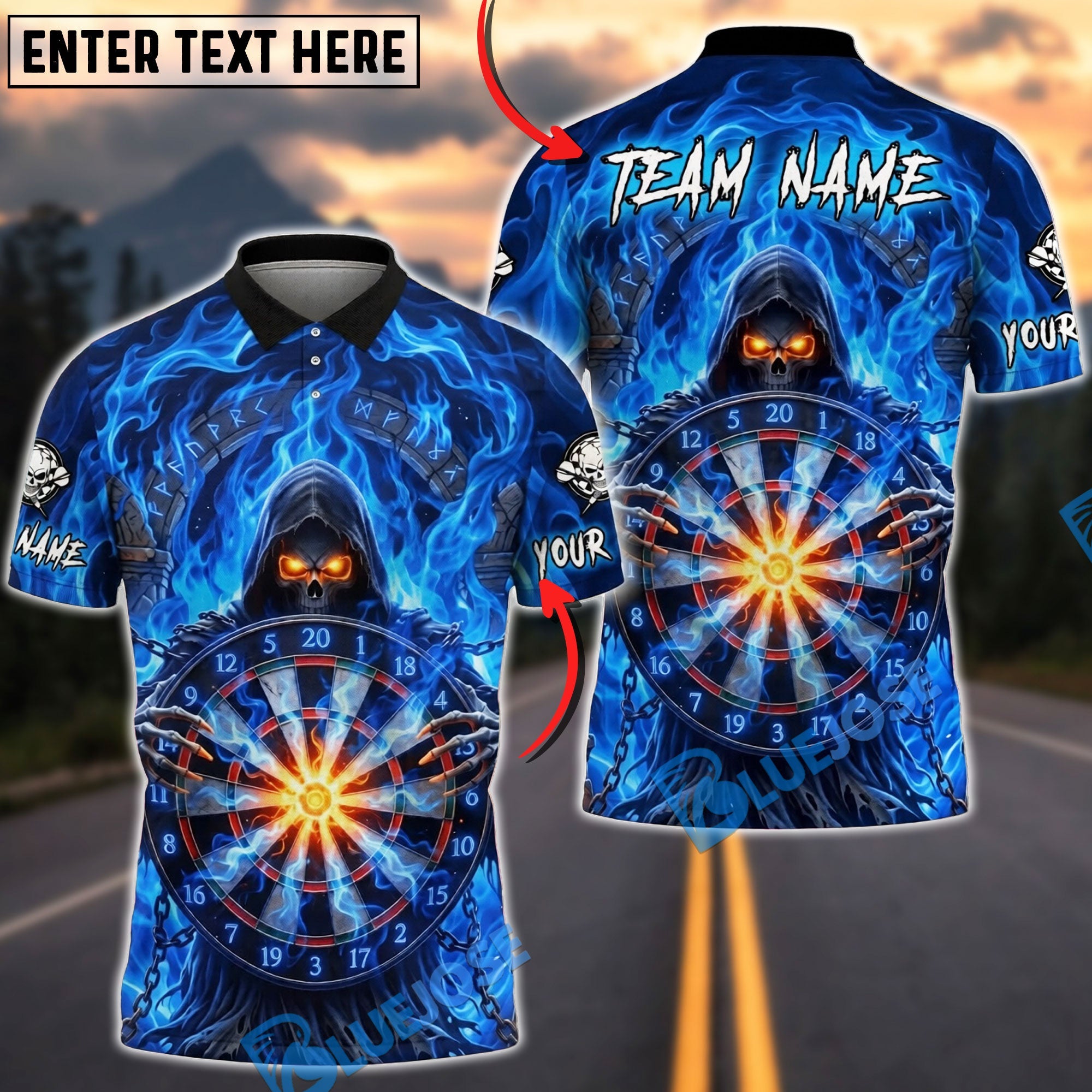 BlueJose Darts Grim Reaper Core Impact Fire Dartboard Personalized Name, Team Name Unisex Shirt (6 Colors)