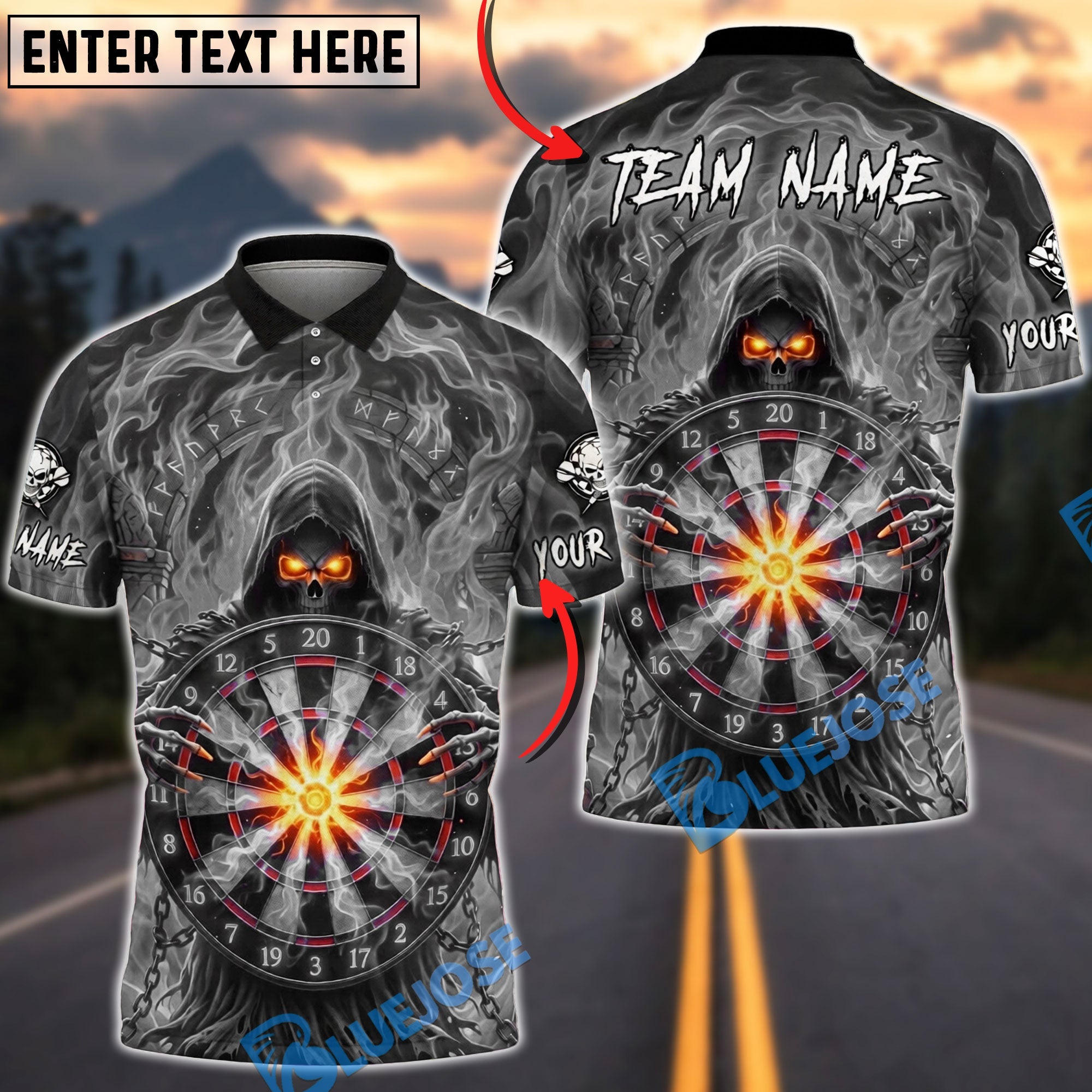 BlueJose Darts Grim Reaper Core Impact Fire Dartboard Personalized Name, Team Name Unisex Shirt (6 Colors)