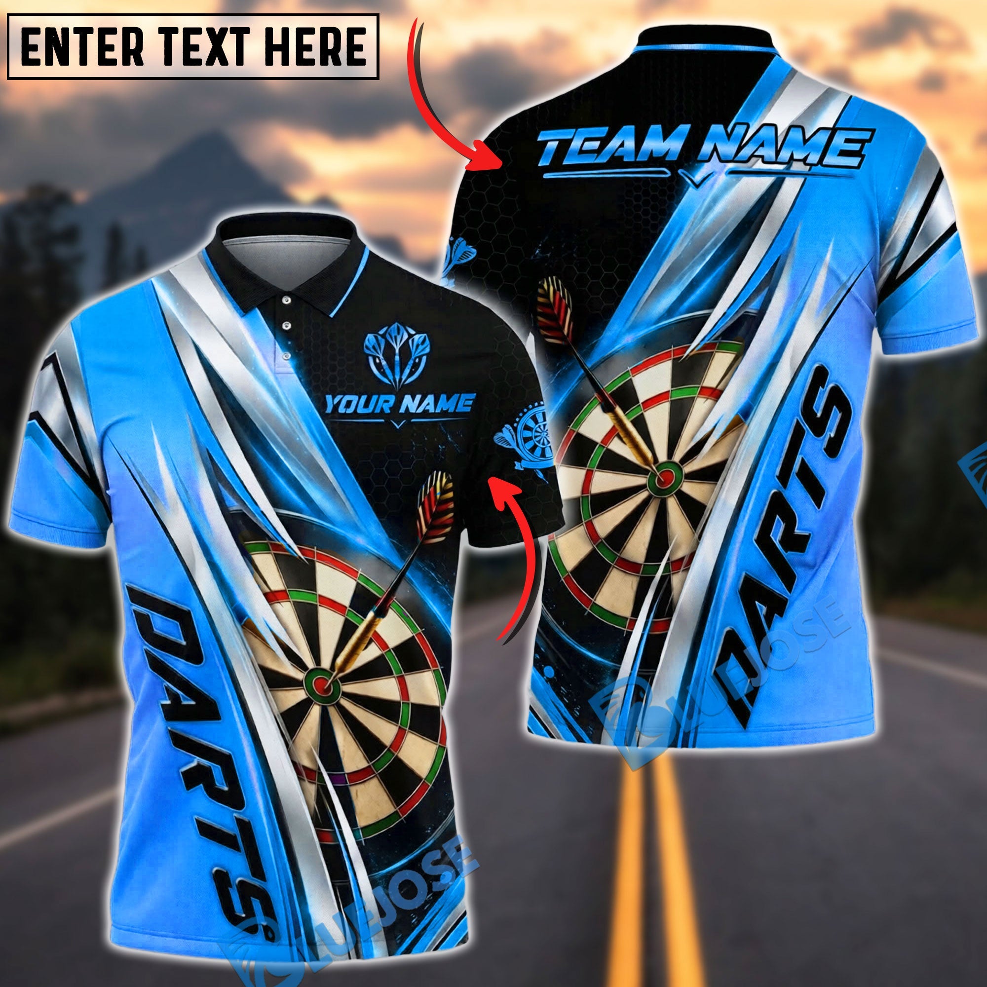 BlueJose Darts Dartboard Gold Lightning Strike Personalized Name, Team Name Unisex Shirt (6 Colors)