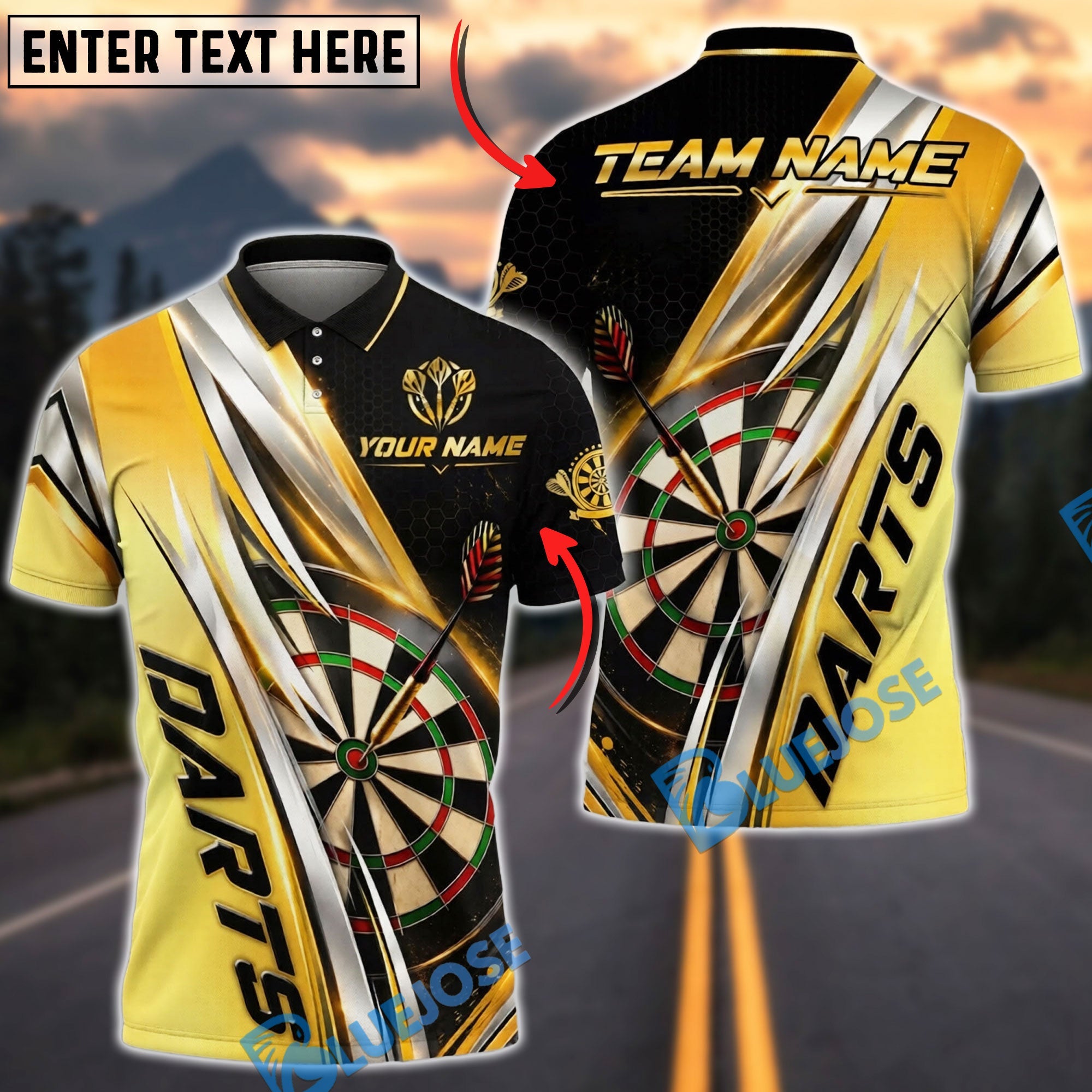 BlueJose Darts Dartboard Gold Lightning Strike Personalized Name, Team Name Unisex Shirt (6 Colors)