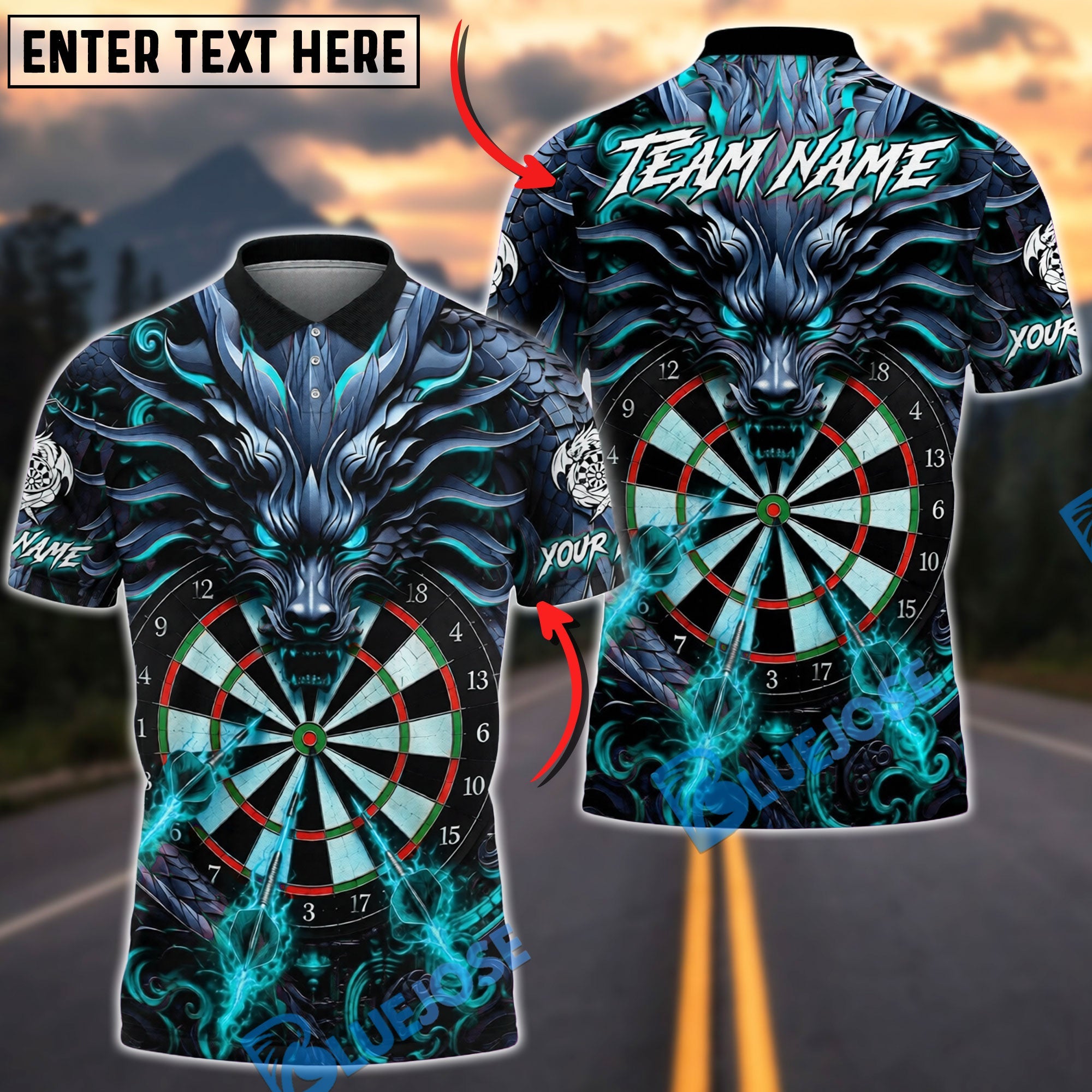 BlueJose Darts Dark Dragon Flaming Dartboard Design Personalized Name, Team Name Unisex Shirt (4 Colors)