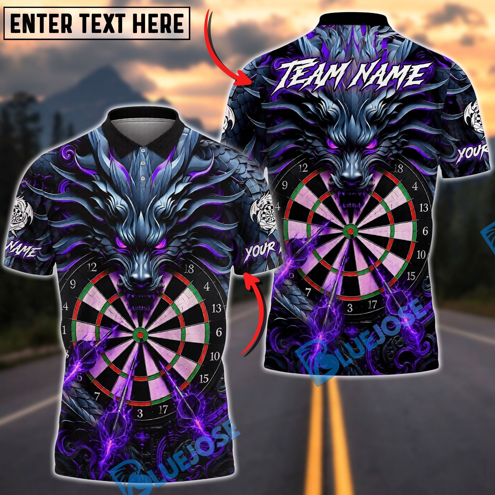 BlueJose Darts Dark Dragon Flaming Dartboard Design Personalized Name, Team Name Unisex Shirt (4 Colors)