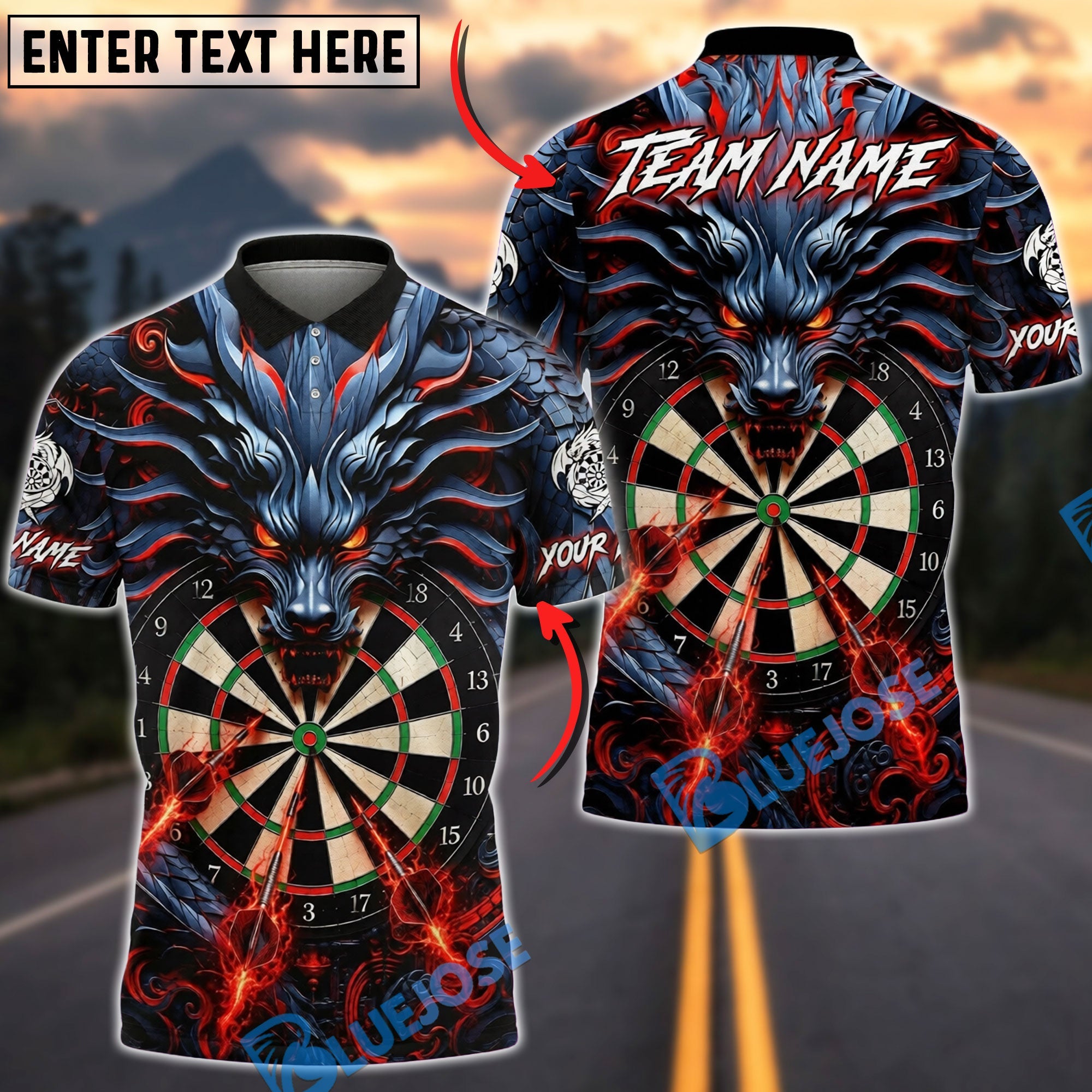 BlueJose Darts Dark Dragon Flaming Dartboard Design Personalized Name, Team Name Unisex Shirt (4 Colors)