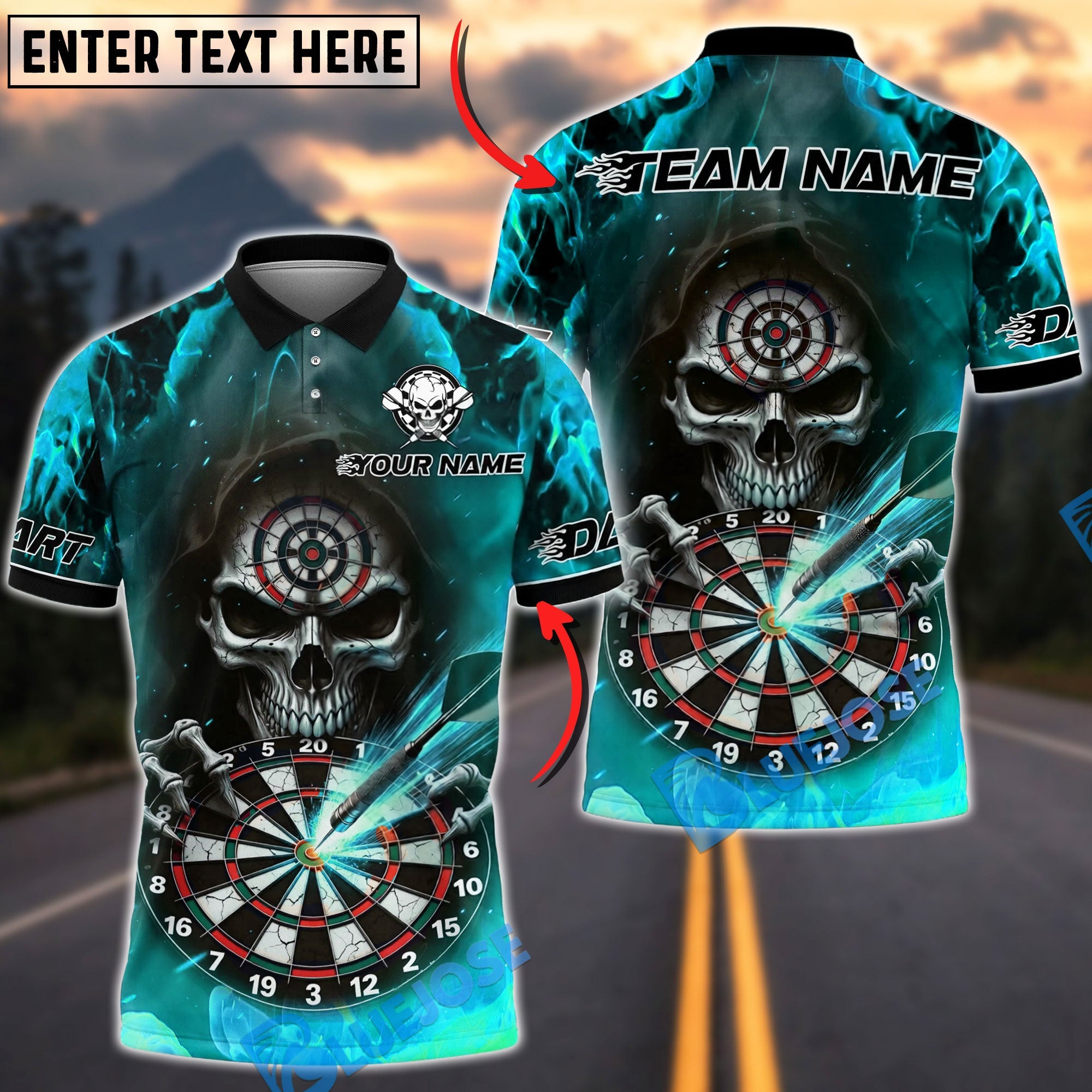 BlueJose Darts Flaming Inferno Skull Dartboard Design Personalized Name, Team Name Unisex Shirt (4 Colors)