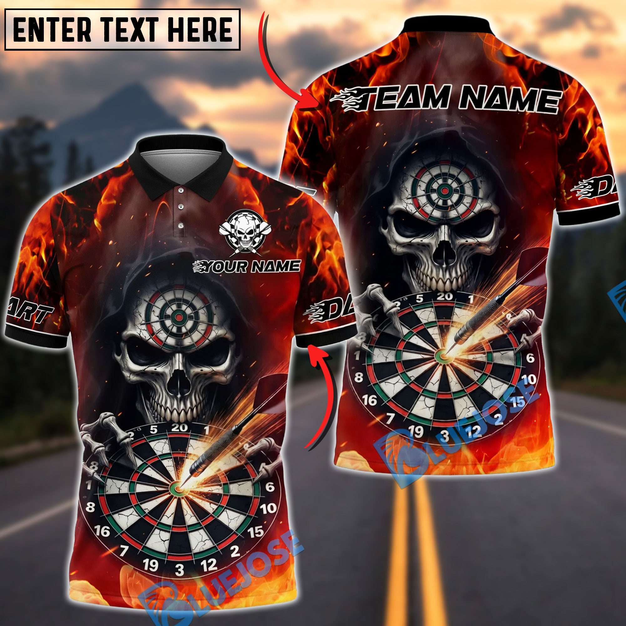 BlueJose Darts Flaming Inferno Skull Dartboard Design Personalized Name, Team Name Unisex Shirt (4 Colors)