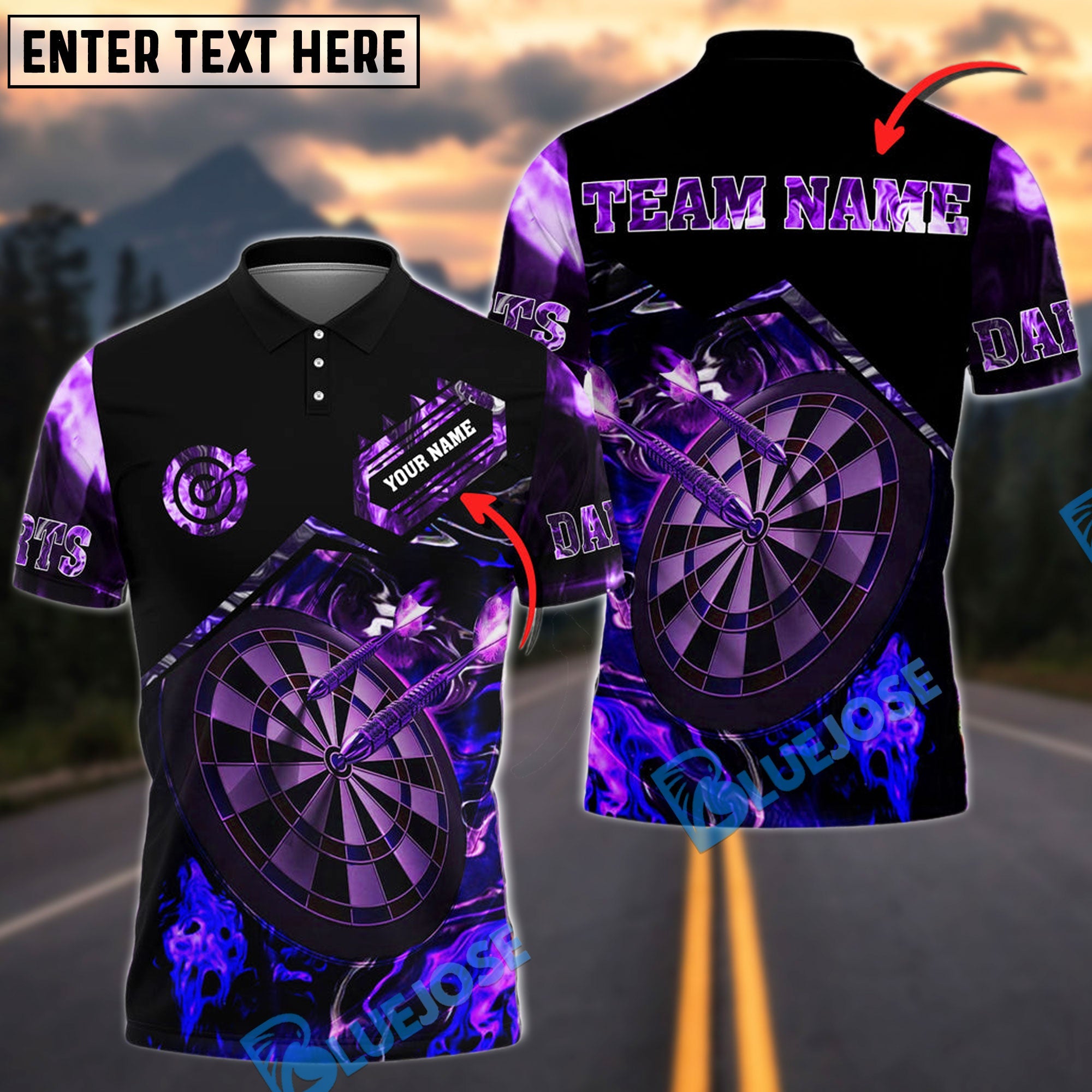 BlueJose Darts Flaming Magma Personalized Name, Team Name Shirt (4 Colors)